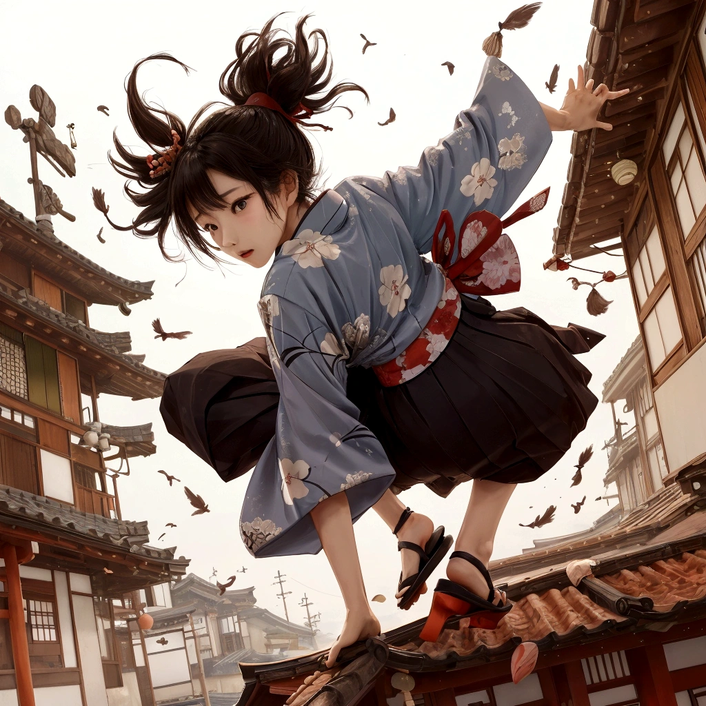 Japanese woman in kimono landing on roof、Acrobatics、Put one hand on the ground、Stretch one arm back、Collapsed Japanese house、Parkour-like movements、Tie your hair back、Sober kimono