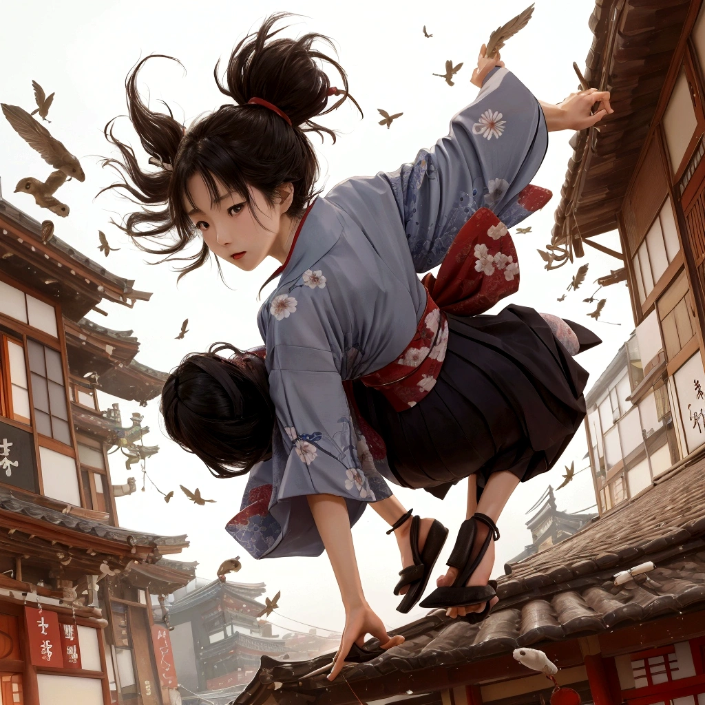 Japanese woman in kimono landing on roof、Acrobatics、Put one hand on the ground、Stretch one arm back、Collapsed Japanese house、Parkour-like movements、Tie your hair back、Sober kimono