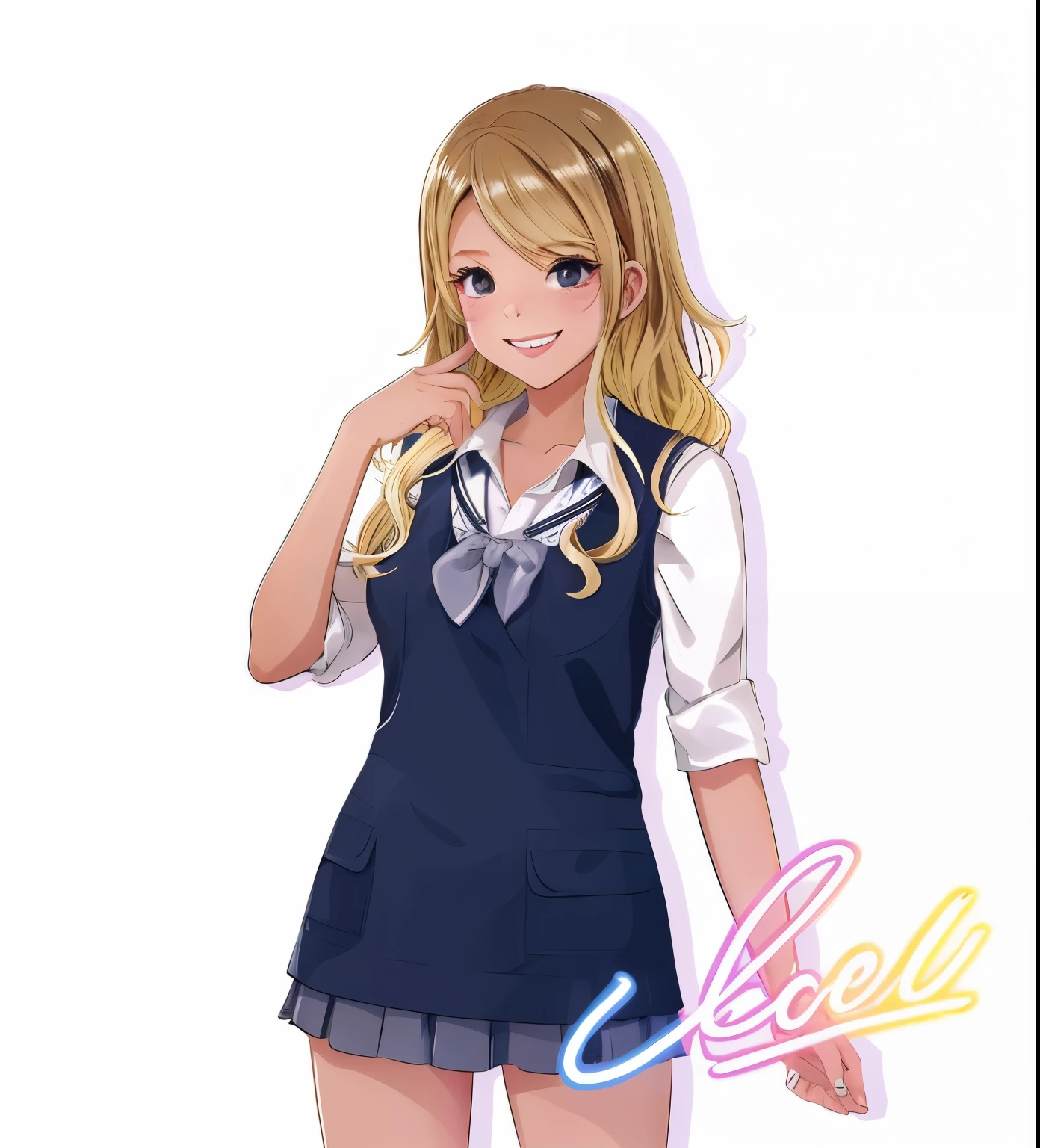 Dyed blonde、Rolled up white shirt、Navy blue vest、short skirt in grey、Blue ribbon on chest、Long black eyelashes、Curly hair、girl、smile、Highest quality