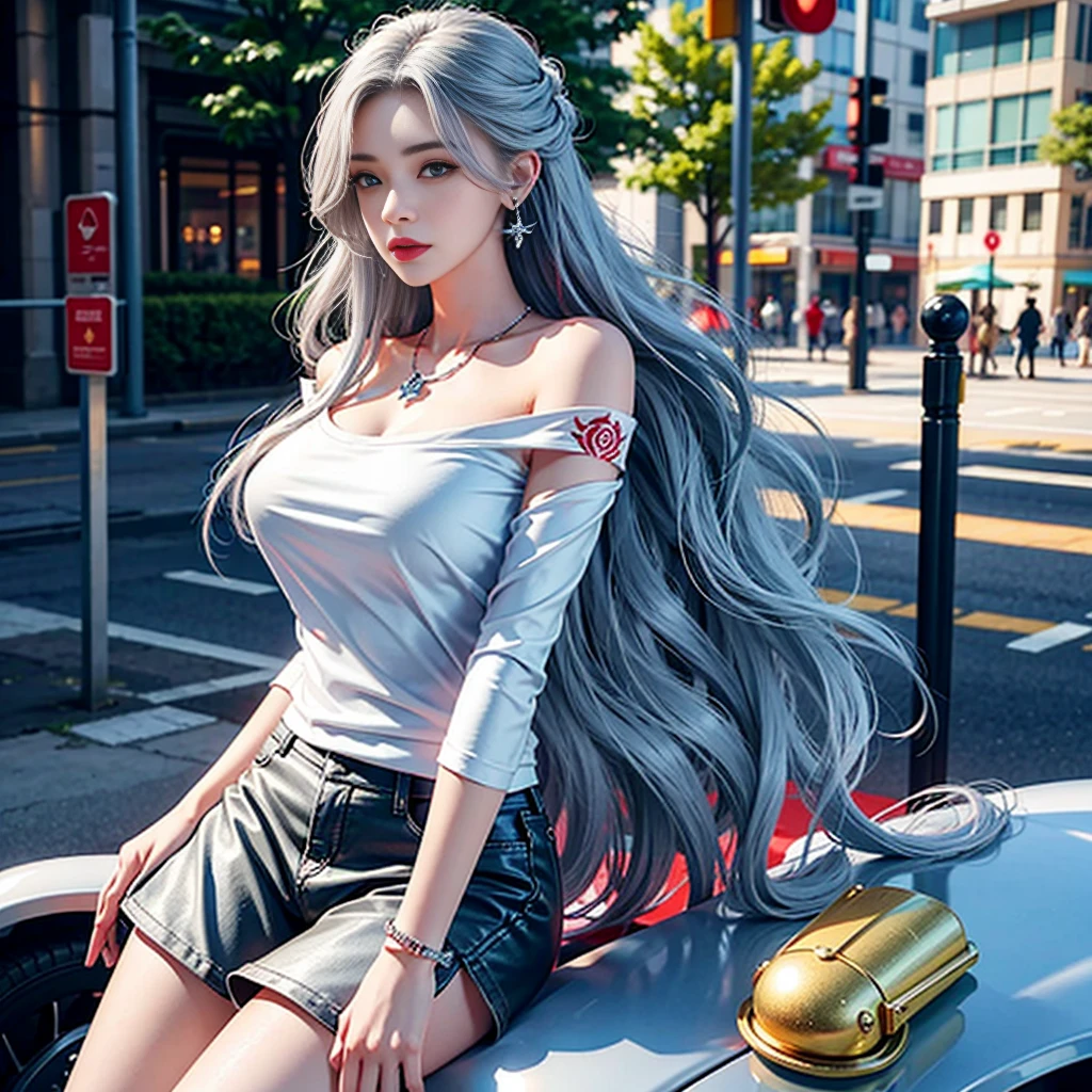 Urban beautiful girl college student, masterpiece, Light makeup, Red lips, Silver Hair, Messy long hair, Street background, beautiful, elegant. Extremely fine details, masterpiece, Real Texture, Level lighting realism, Works perfectly, 8K, HD, Exquisite facial features, White off-the-shoulder bodycon top, Transparent White Skinny Shorts, Slim body, Big bright eyes, Smooth skin, earrings, necklace, Tattoo