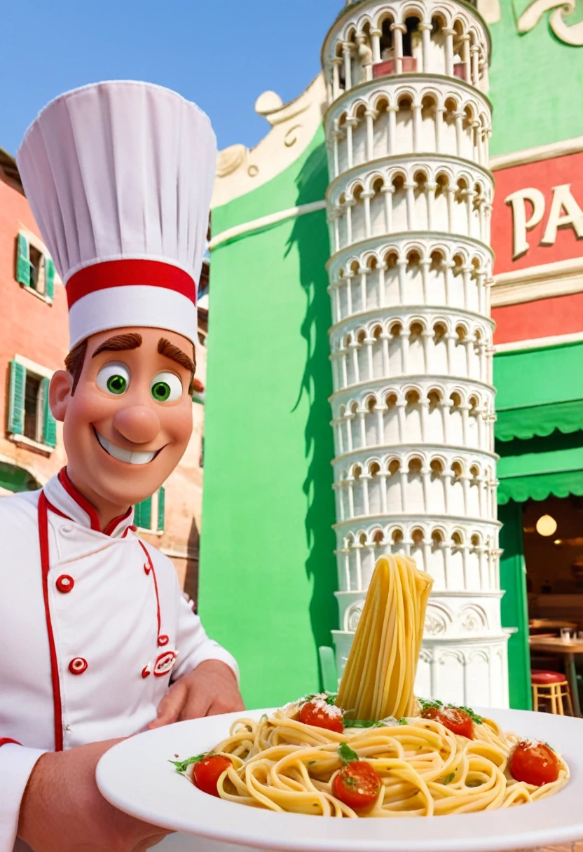 Close-up. Promotional poster for Pixar's Pasta of Pisa featuring a cartoon funny white, red and green Leaning Tower of Pisa chef holding a dish of pasta and smiling at the camera. In the background is one pasta restaurant called "Pasta Pisa" with a white striped awning and green and red walls. In Pixar style. Blurred background, light haze.