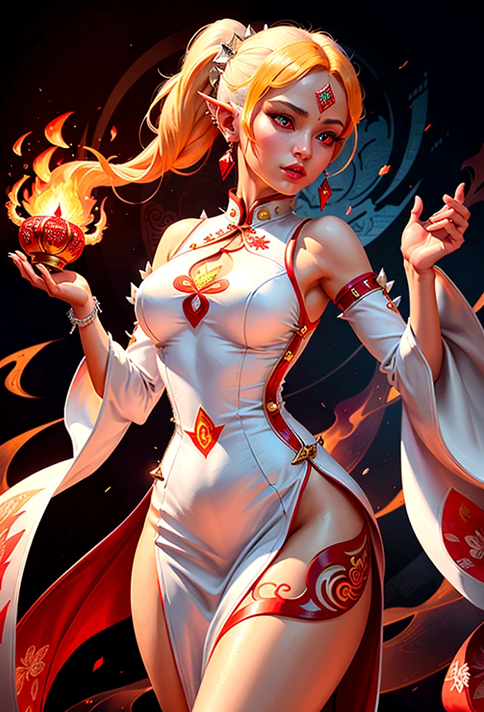 high details, best quality, 16k, [ultra detailed], masterpiece, best quality, (extremely detailed), full body, ultra wide shot, photorealistic, fantasy art, dnd art, rpg art, realistic art, an ultra wide picture of a female elf (intricate details, wearing fiery (white Cheongsam studded with red diamonds: 1.5), Masterpiece, best quality: 1.5) goddess of fire ((fiery radiant aura)), controlling a swirling red fire, fiery red radiant magic (1.5 intricate details, Masterpiece, best quality), manipulating purple radiant magical symbols, [[divine symbols]] (intricate details, Masterpiece, best quality: 1.5), elf female, (blond hair: 1.3), long hair, hair with aura, with red radiant eyes, intense eyes, (( red glowing eyes: 1.3)), she wears Cheongsam with fiery patterns, (the fire leaps from the  patterns on Cheongsam into live fire: 1.3), fantasy volcano back ground, streams of lava, celestial background, ((divine worship atmosphere)), high details, best quality, highres, ultra wide angle, faize, diam0nd, fire magic