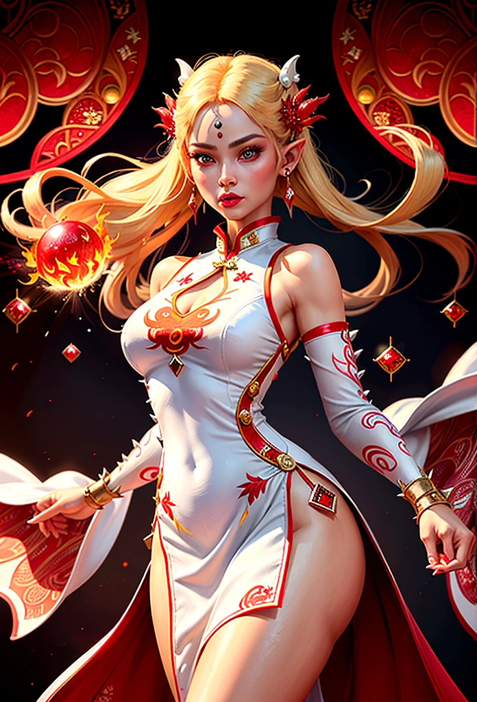 high details, best quality, 16k, [ultra detailed], masterpiece, best quality, (extremely detailed), full body, ultra wide shot, photorealistic, fantasy art, dnd art, rpg art, realistic art, an ultra wide picture of a female elf (intricate details, wearing fiery (white Cheongsam studded with red diamonds: 1.5), Masterpiece, best quality: 1.5) goddess of fire ((fiery radiant aura)), controlling a swirling red fire, fiery red radiant magic (1.5 intricate details, Masterpiece, best quality), manipulating purple radiant magical symbols, [[divine symbols]] (intricate details, Masterpiece, best quality: 1.5), elf female, (blond hair: 1.3), long hair, hair with aura, with red radiant eyes, intense eyes, (( red glowing eyes: 1.3)), she wears Cheongsam with fiery patterns, (the fire leaps from the  patterns on Cheongsam into live fire: 1.3), fantasy volcano back ground, streams of lava, celestial background, ((divine worship atmosphere)), high details, best quality, highres, ultra wide angle, faize, diam0nd, fire magic
