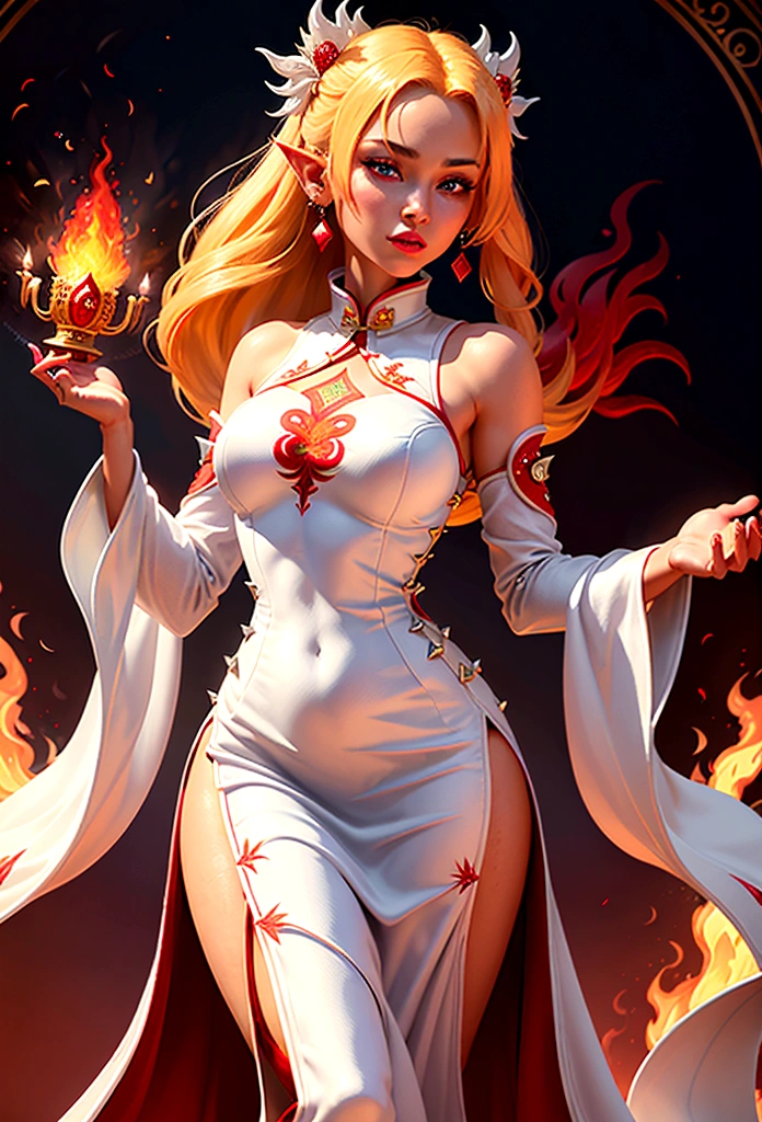 high details, best quality, 16k, [ultra detailed], masterpiece, best quality, (extremely detailed), full body, ultra wide shot, photorealistic, fantasy art, dnd art, rpg art, realistic art, an ultra wide picture of a female elf (intricate details, wearing fiery (white Cheongsam studded with red diamonds: 1.5), Masterpiece, best quality: 1.5) goddess of fire ((fiery radiant aura)), controlling a swirling red fire, fiery red radiant magic (1.5 intricate details, Masterpiece, best quality), manipulating purple radiant magical symbols, [[divine symbols]] (intricate details, Masterpiece, best quality: 1.5), elf female, (blond hair: 1.3), long hair, hair with aura, with red radiant eyes, intense eyes, ((radiant eyes)), (( red glowing eyes)), she wears Cheongsam with fiery patterns,  the fire leaps from the Cheongsam, fantasy volcano back ground, streams of lava, celestial background, ((divine worship atmosphere)), high details, best quality, highres, ultra wide angle, faize, diam0nd