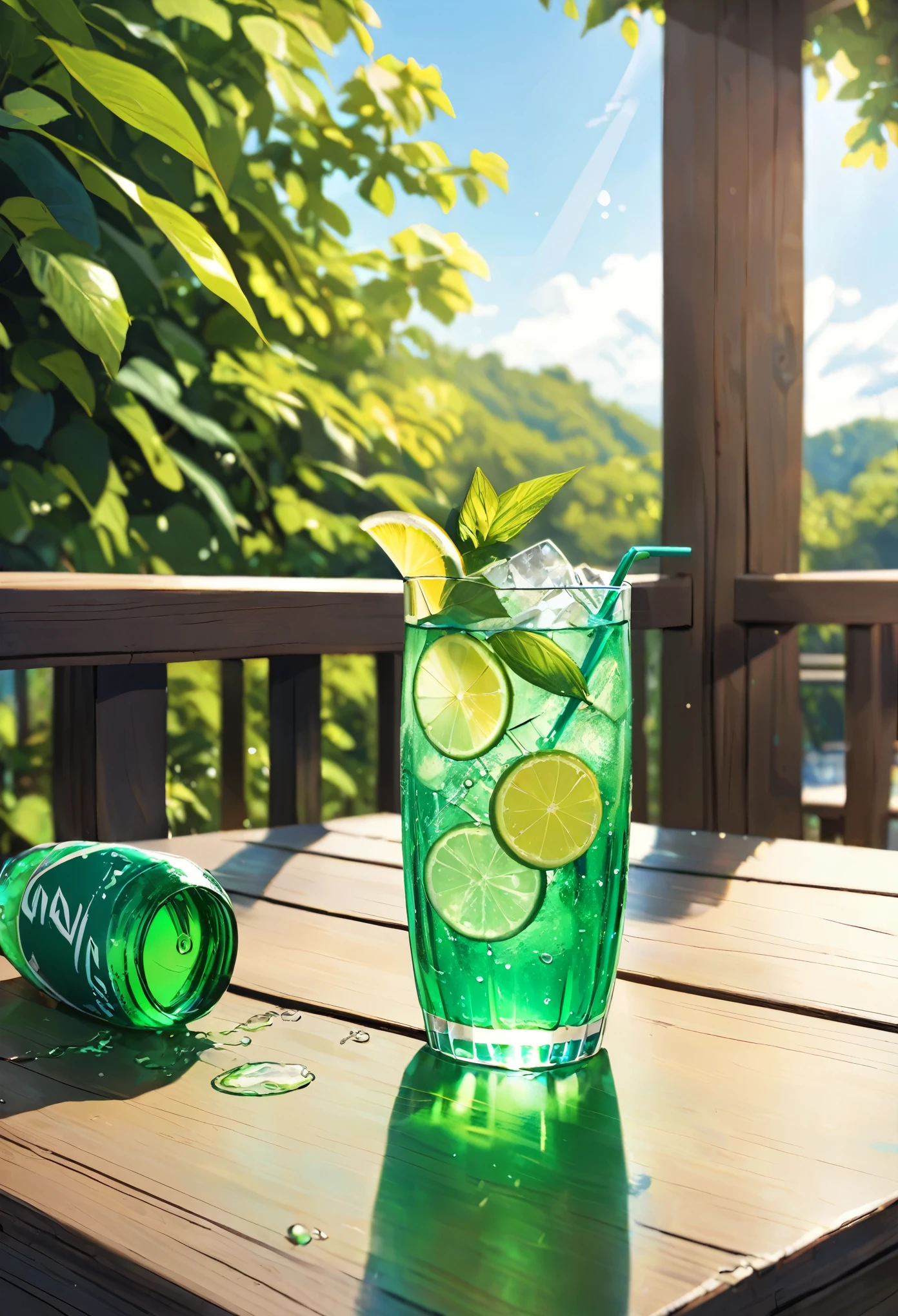 a glass of sprite, on the table, summer noon,