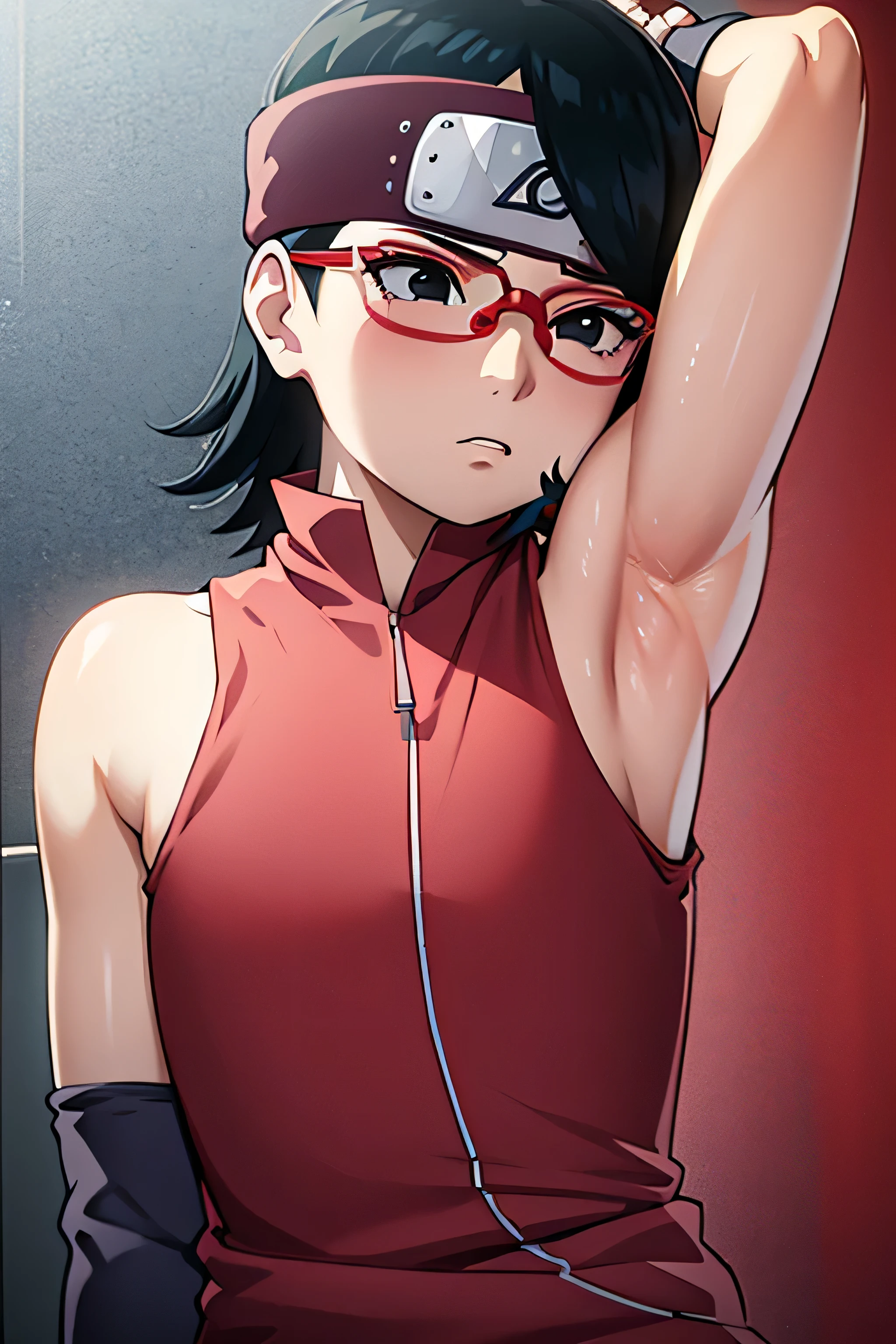 anime screencap, sarada uchiha, sarada, 1girl,solo, wavy black hair, wavy short hair, wavy hair, wavy hairstyle, black eyes,small breasts,armpits,wet armpits, showing wet armpits, armpit,armpits,sweat,sweaty,sweaty armpits,awesome armpits,tired,exhausted,arms up,red rimmed glasses,blackish arm warmers