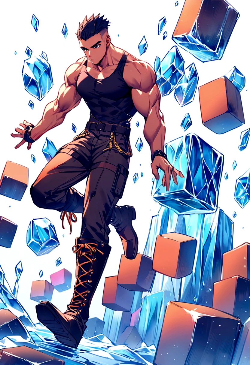 muscular boy, short hair shaved with black sides, tight black tanktop, military pants with military boots, around with giant blocks of ice