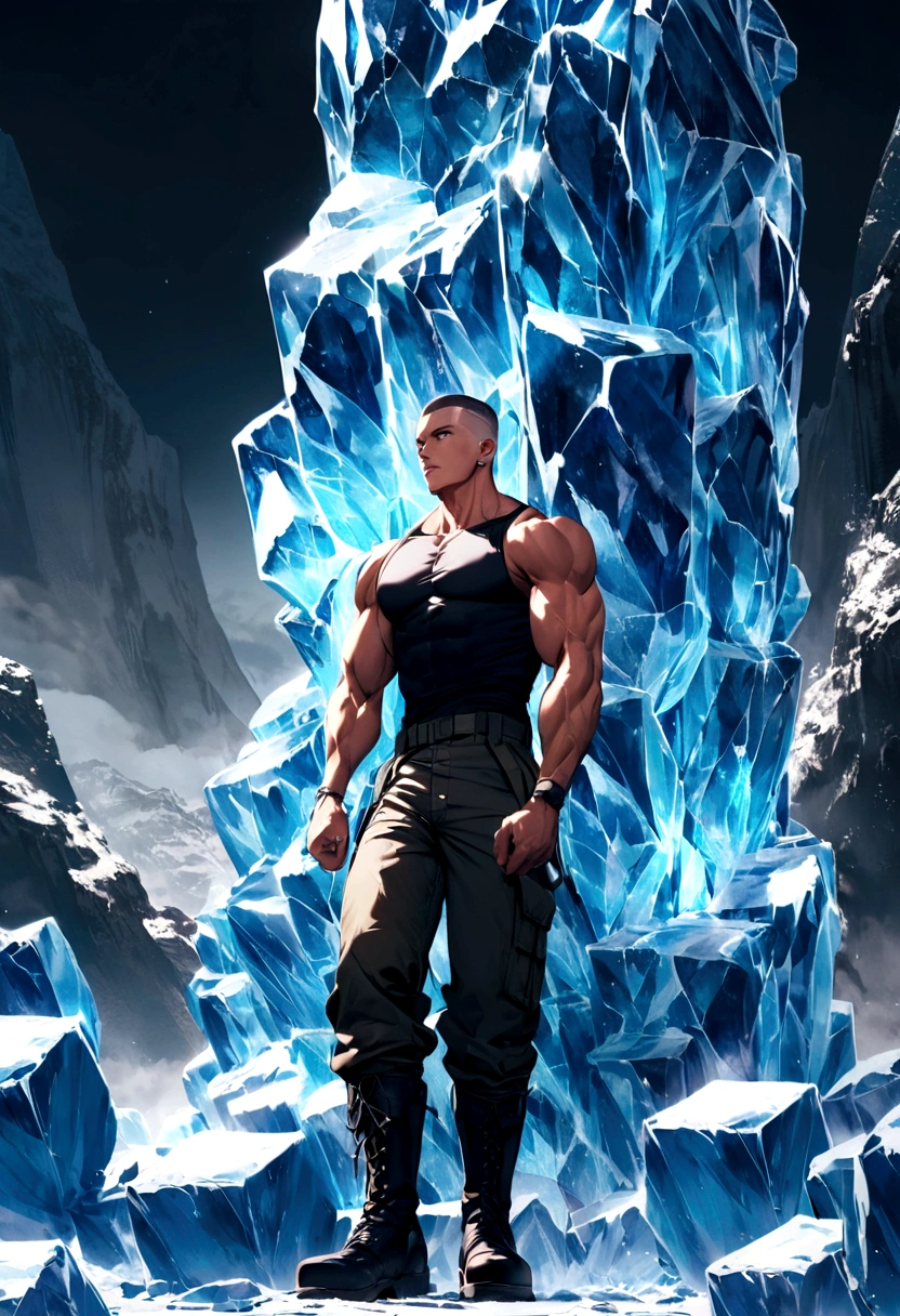 muscular boy, short hair shaved with black sides, tight black tanktop, military pants with military boots, around with giant blocks of ice 