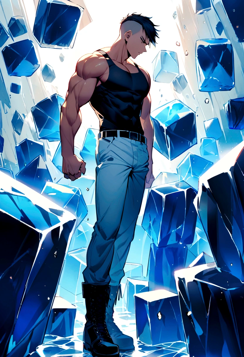 muscular boy, short hair shaved with black sides, tight black tanktop, military pants with military boots, around with giant blocks of ice