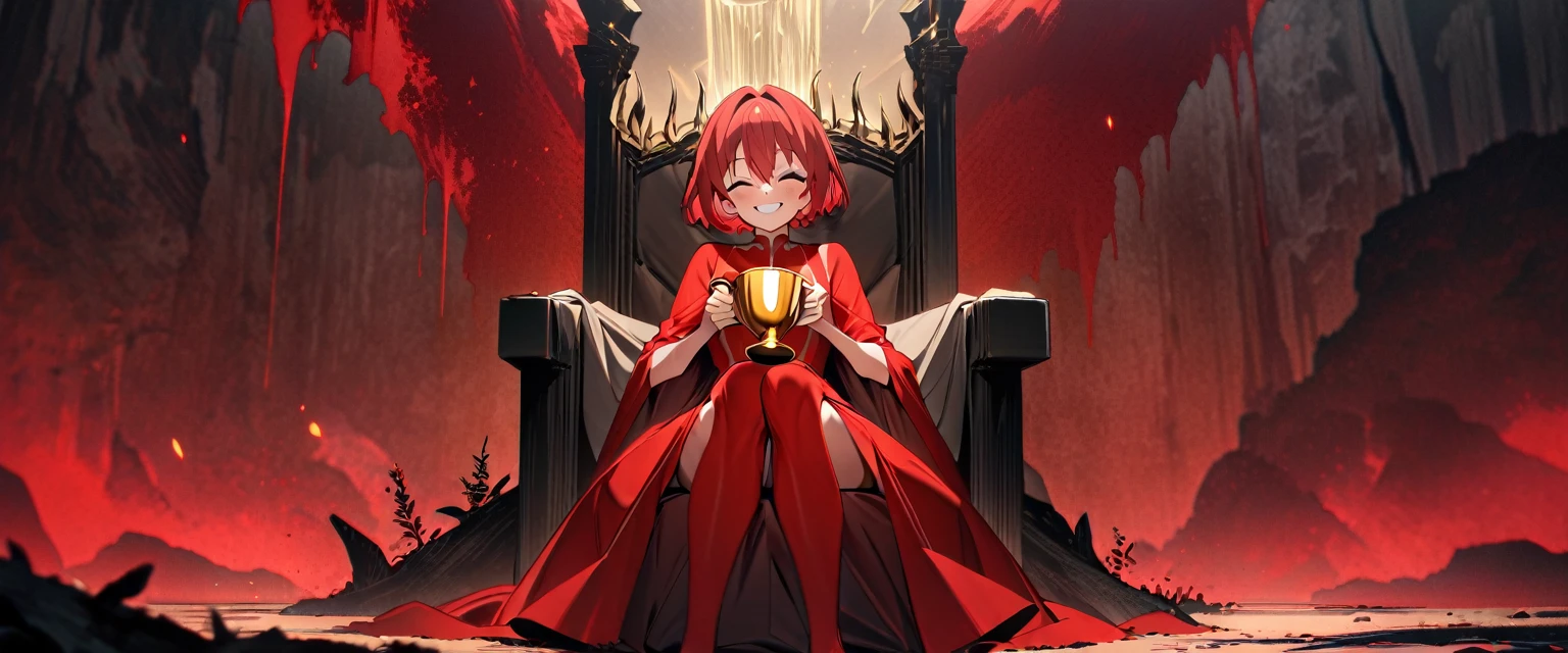 chara \(undertale\), crown with red heart jewel in the middle, sitting in a golden throne with legs crossed, red glowing eyes, evil smile with circular blush, Bloody and red knife in right hand, crazed insane look