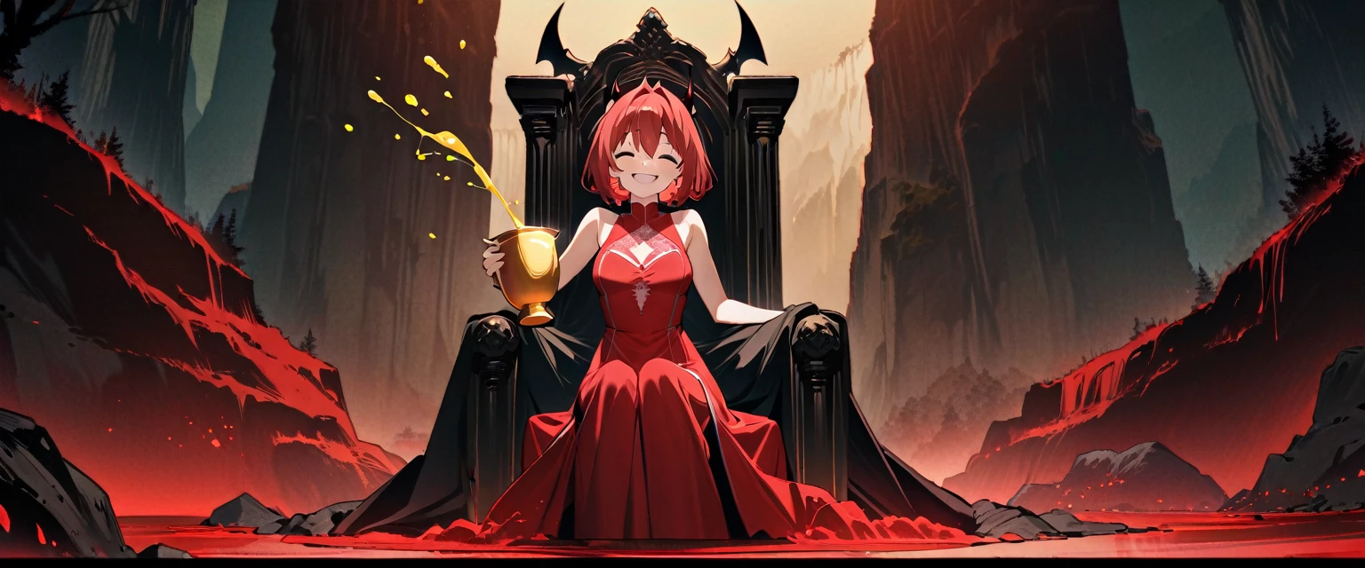 (((masterpiece,Highest quality))),((Smiling red-haired demon anime girl wearing a red one-piece dress and holding a golden cup while sitting on a throne)),((He tilts his golden cup and pours poison onto the earth.)),((A throne in the wilderness of the dead)),アニメ,b3ks1n