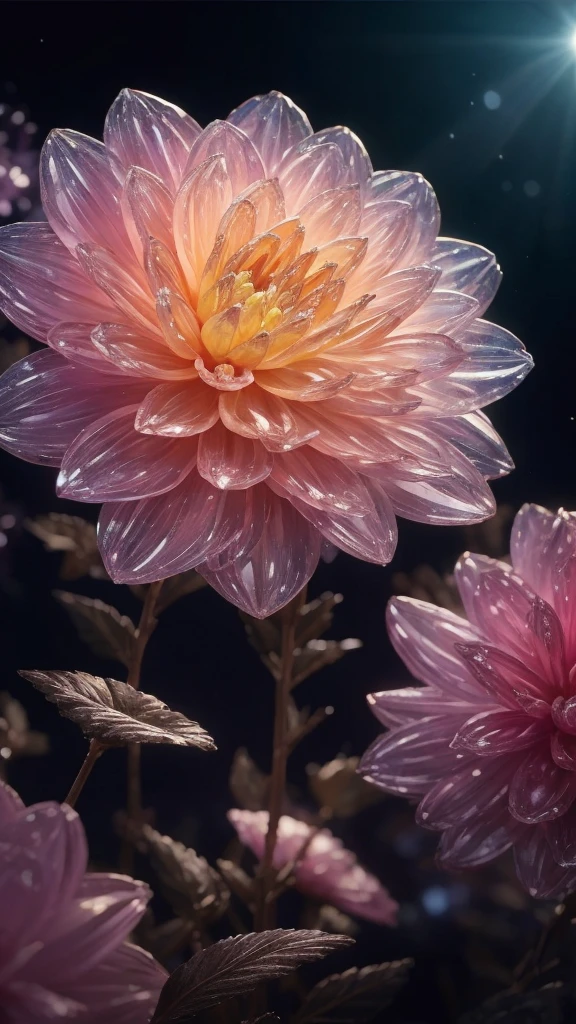 Crystal Blossom Flower,Dahlia Fantasy, Milky Way, transparent,
Sparkling, Sparkling, wonderful, colorful,
Magical Pictures, Dramatic lighting, Photographic realism, Super detailed, 4K, Depth of written boundary, High resolution