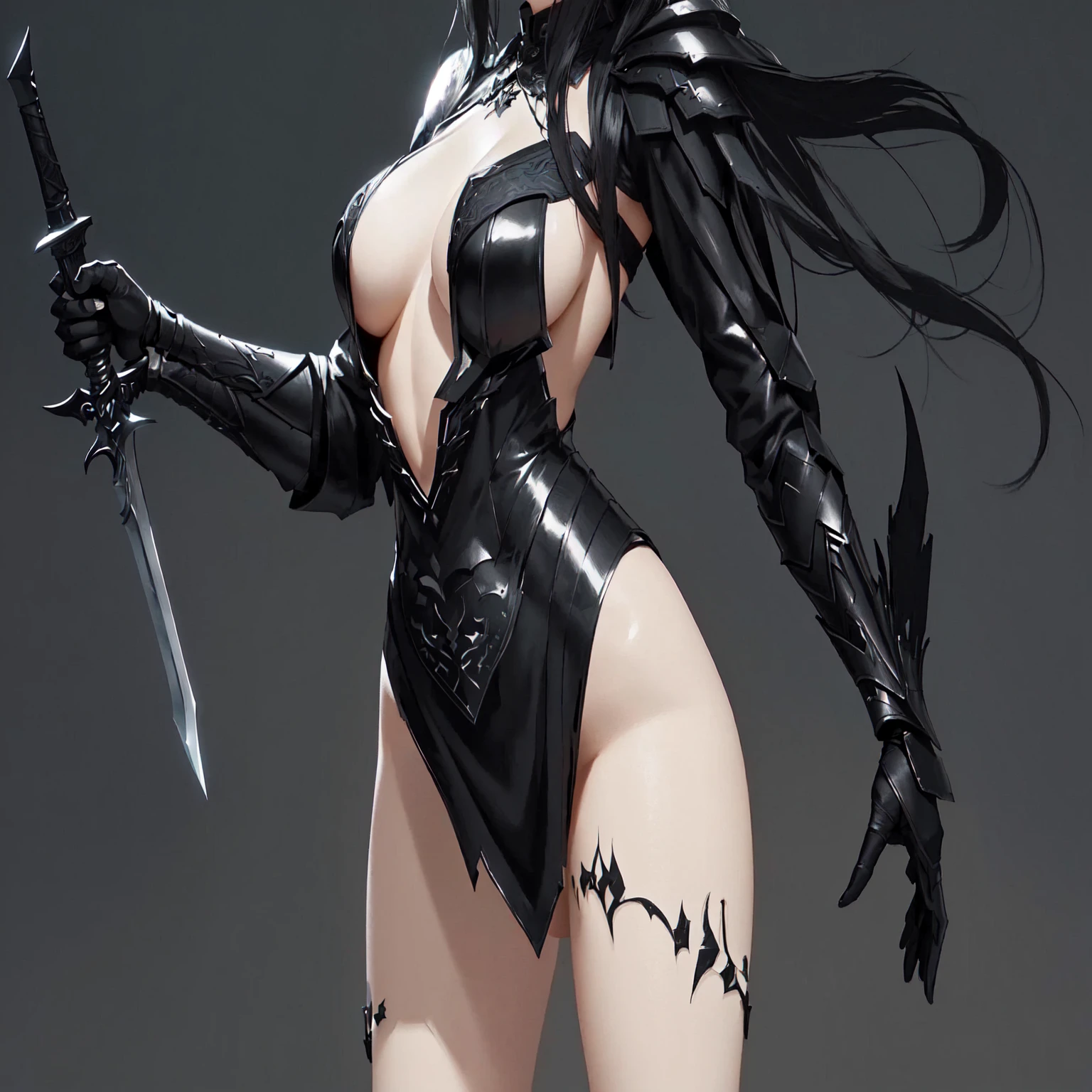 Wearing a black leather jacket、Arav woman holding a sword, pale Black Armor, 8k high quality detailed art, author：Yang J, Dark fantasy art, rossdraws 1. 0, Rich in details，very clearly, Bikini armor female knight, Armor Girl, 2. 5D CGI anime fantasy artwork, beautiful female assassin, dark fantasy character design, Black Armor