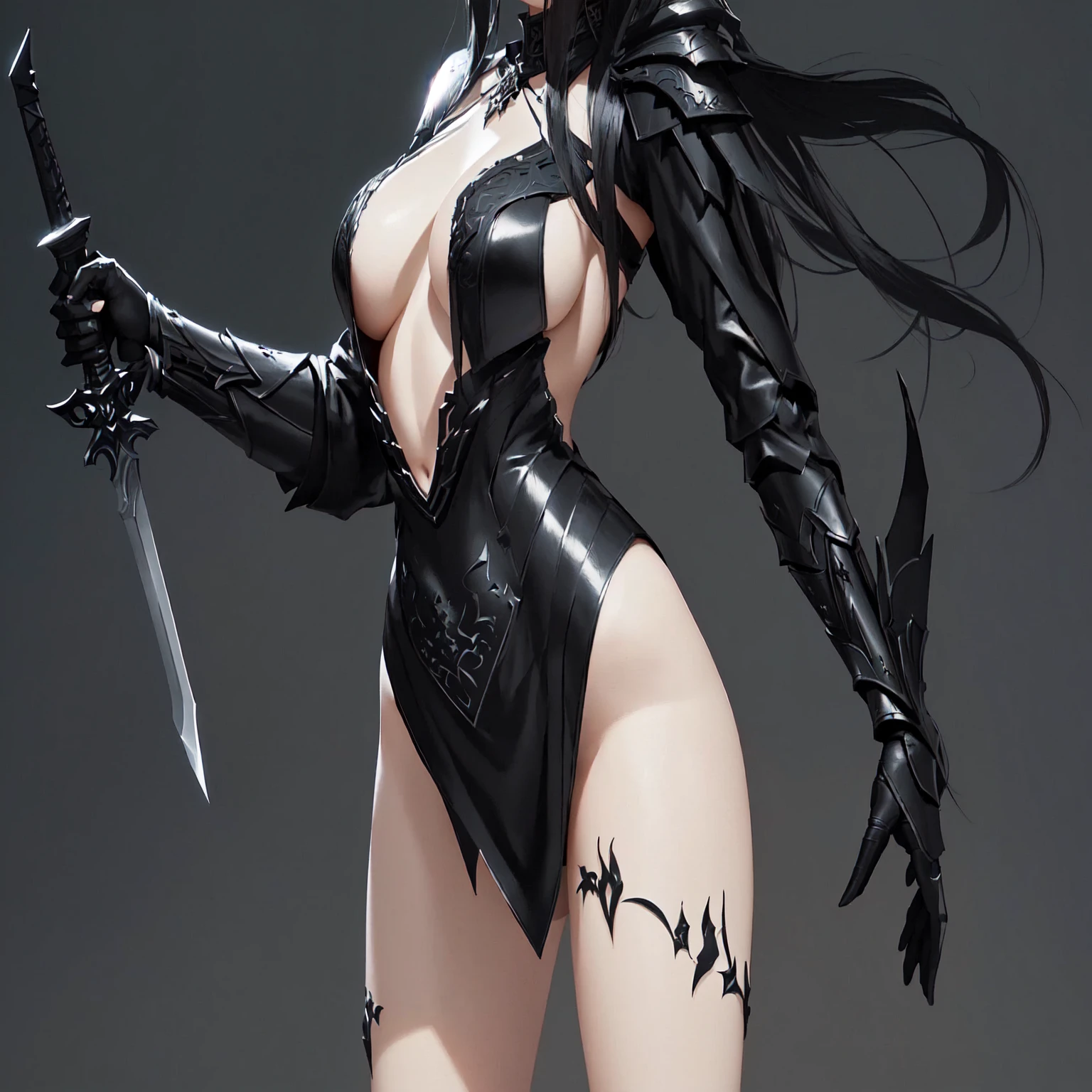 Wearing a black leather jacket、Arav woman holding a sword, pale Black Armor, 8k high quality detailed art, author：Yang J, Dark fantasy art, rossdraws 1. 0, Rich in details，very clearly, Bikini armor female knight, Armor Girl, 2. 5D CGI anime fantasy artwork, beautiful female assassin, dark fantasy character design, Black Armor