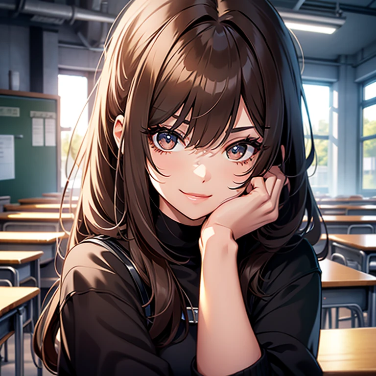 in 8K, top-quality, Masterpiece, ultra-detailliert、Ultra-high resolution, 1 girl in a school, with round face, dark brown hair, Dark brown eyes, Sparkle in the eyes, Hair luster, Tear bag, long eyelashes, makeup, eyeshadows, poneyTail, sitting on a chair in front of the table, wears , A smile, Upper body photo