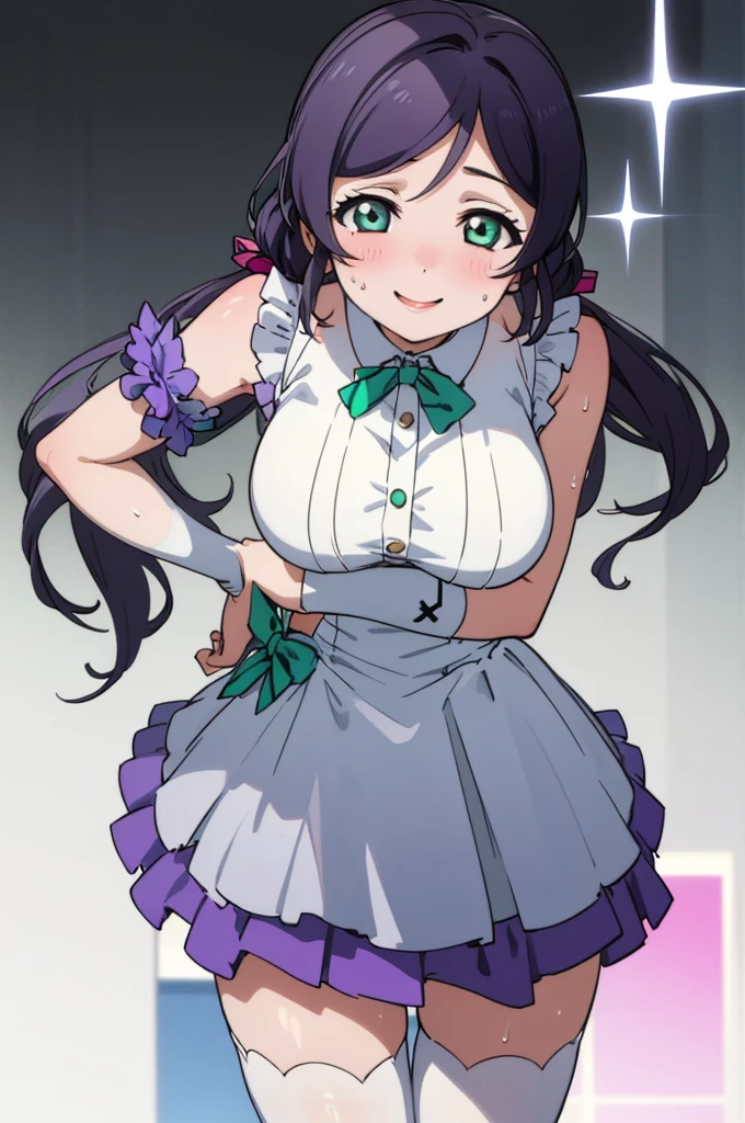 (masterpiece, best quality), 1girl,    nozomi toujou,huge breasts,idol costume,,sweating,sleeveless,thighhighs,miniskirt,looking viewer,smile,1piece dress,lean forward