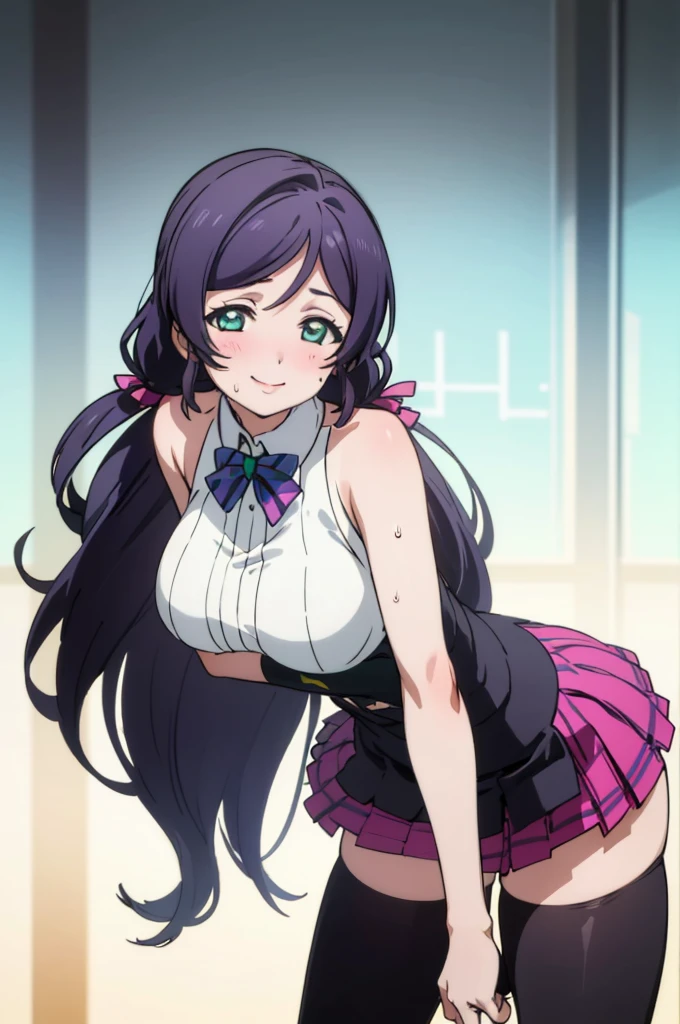 (masterpiece, best quality), 1girl,    nozomi toujou,huge breasts,idol costume,,sweating,sleeveless,thighhighs,miniskirt,looking viewer,smile,1piece dress,lean forward