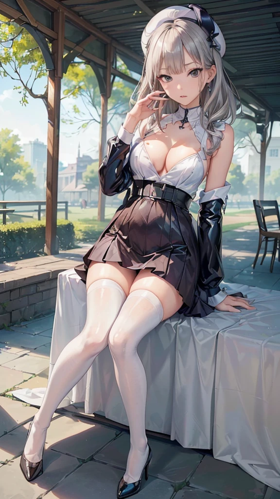 ((Biologically correct limb count))、(( From head to toe、Full-body photo including face))、4K、((Standing position))、masterpiece、((Focus on the face))、((Symmetrical facial features))、Eyes with detailed description、Beautiful woman、Great style、Beautiful arms、Beautiful legs、Beautiful Hands、(Small Ass、Thin thighs)、Facial detailing、Small earrings、necklace、(In boulangerie、Latex skirt、High heels、stockings)、Face close-up、Surprise expression、The background is the park in the morning.、beret、Silver Hair、Troubled expression、Panty shot、M-shaped splits、