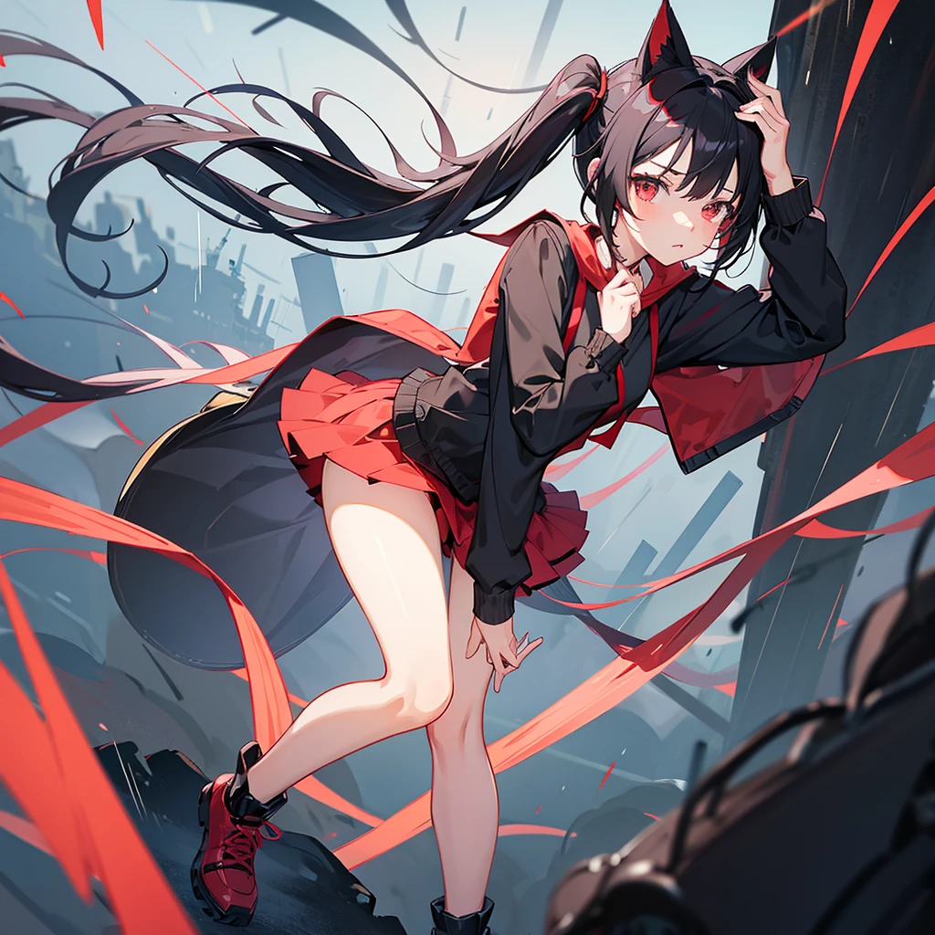 Anime, girl in a short miniskirt, panties visible, red-black hair, Twin Tail, in a beautiful area, rainy weather.