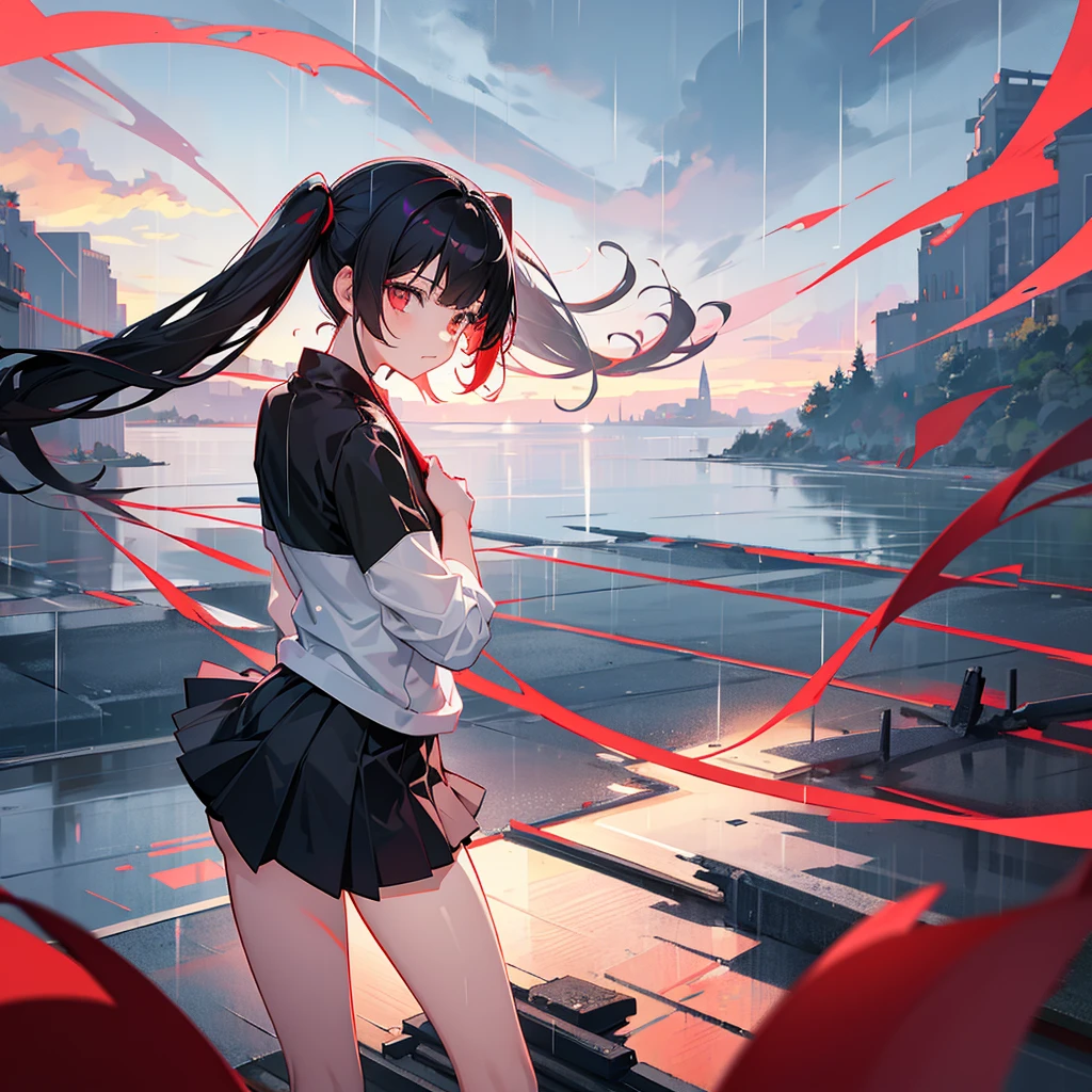 Anime, girl in a short miniskirt, panties visible, red-black hair, Twin Tail, in a beautiful area, rainy weather, 3d, more realistic.