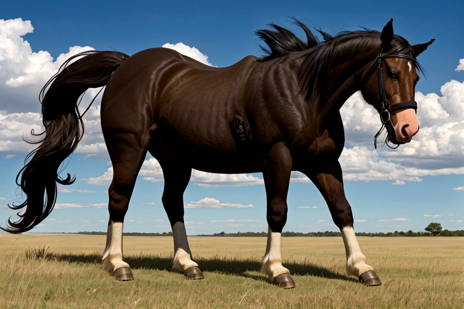full side view of a big fat Clydesdale horse mare with a massive bum and a very short tail. horse facing horizon . ridden by a BBW very full figured very dark skinned BBW nude African woman riding horse. flat grass meadow. looking to horizon . a single huge pile of steaming horse dung on the ground behind horse. cloudless blue sky.