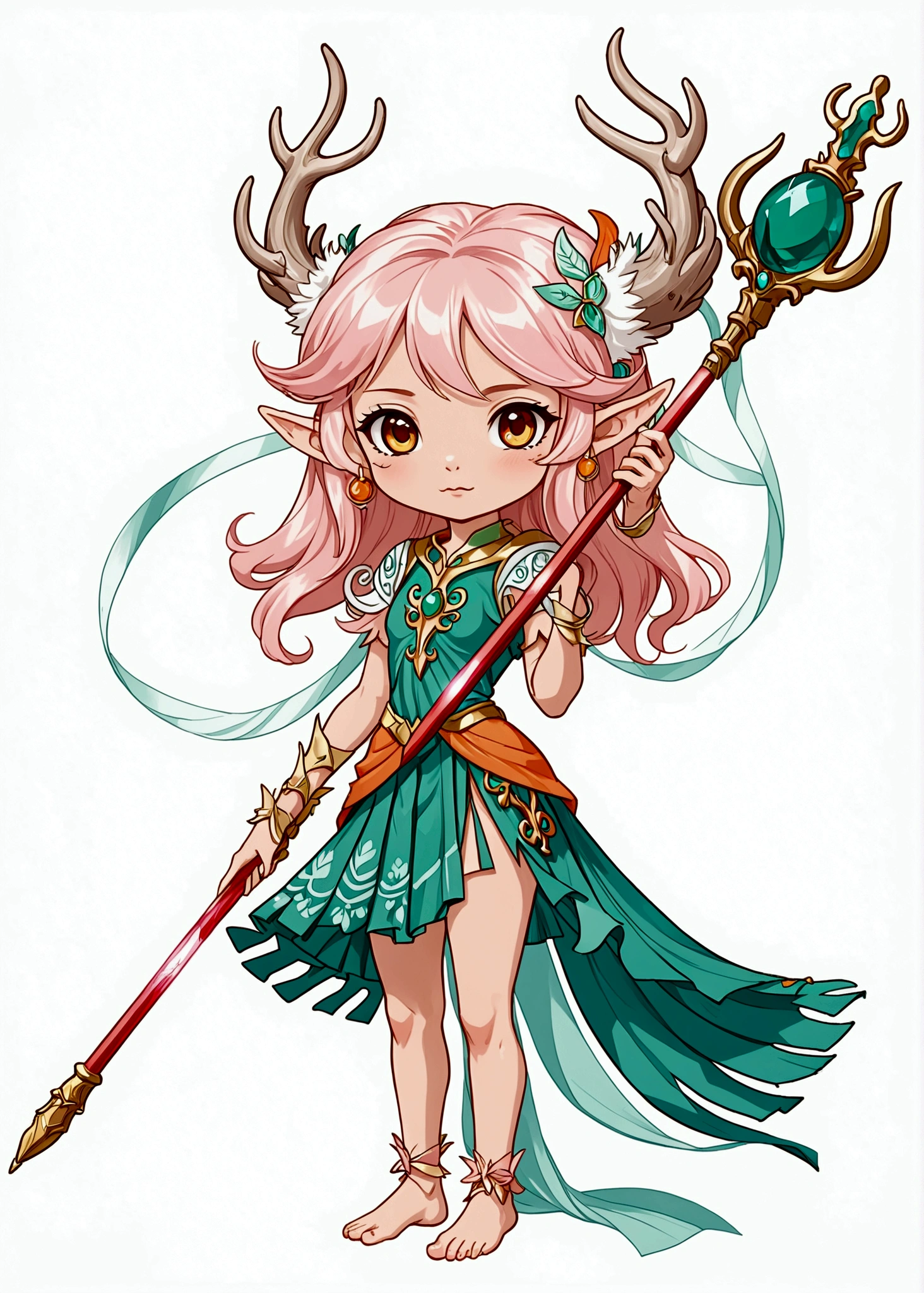 Cartoon anime style,beautiful girl,Fluffy pink hair,antlers,Elf ears,orangeskirt,Scepter,Standing barefoot,Foot ring。(((Correct human anatomy)))