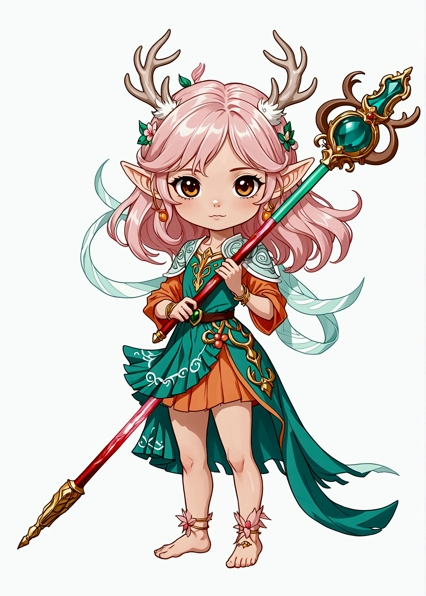 Cartoon anime style,beautiful girl,Fluffy pink hair,antlers,Elf ears,orangeskirt,Scepter,Standing barefoot,Foot ring。(((Correct human anatomy)))