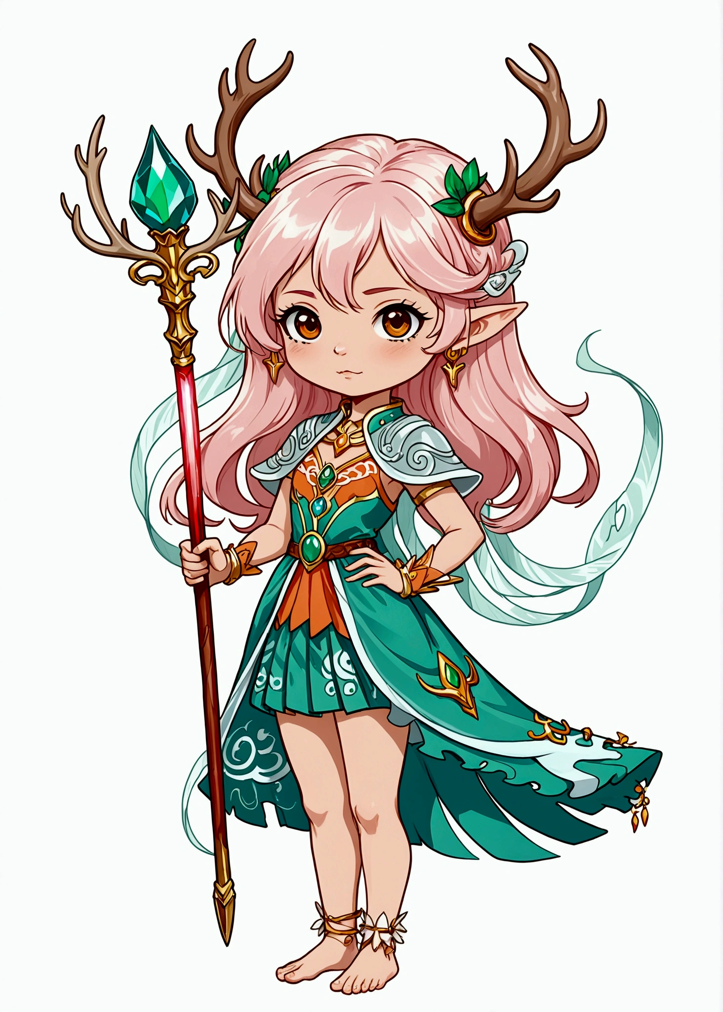 Cartoon anime style,beautiful girl,Fluffy pink hair,antlers,Elf ears,orangeskirt,Scepter,Standing barefoot,Foot ring。(((Correct human anatomy)))