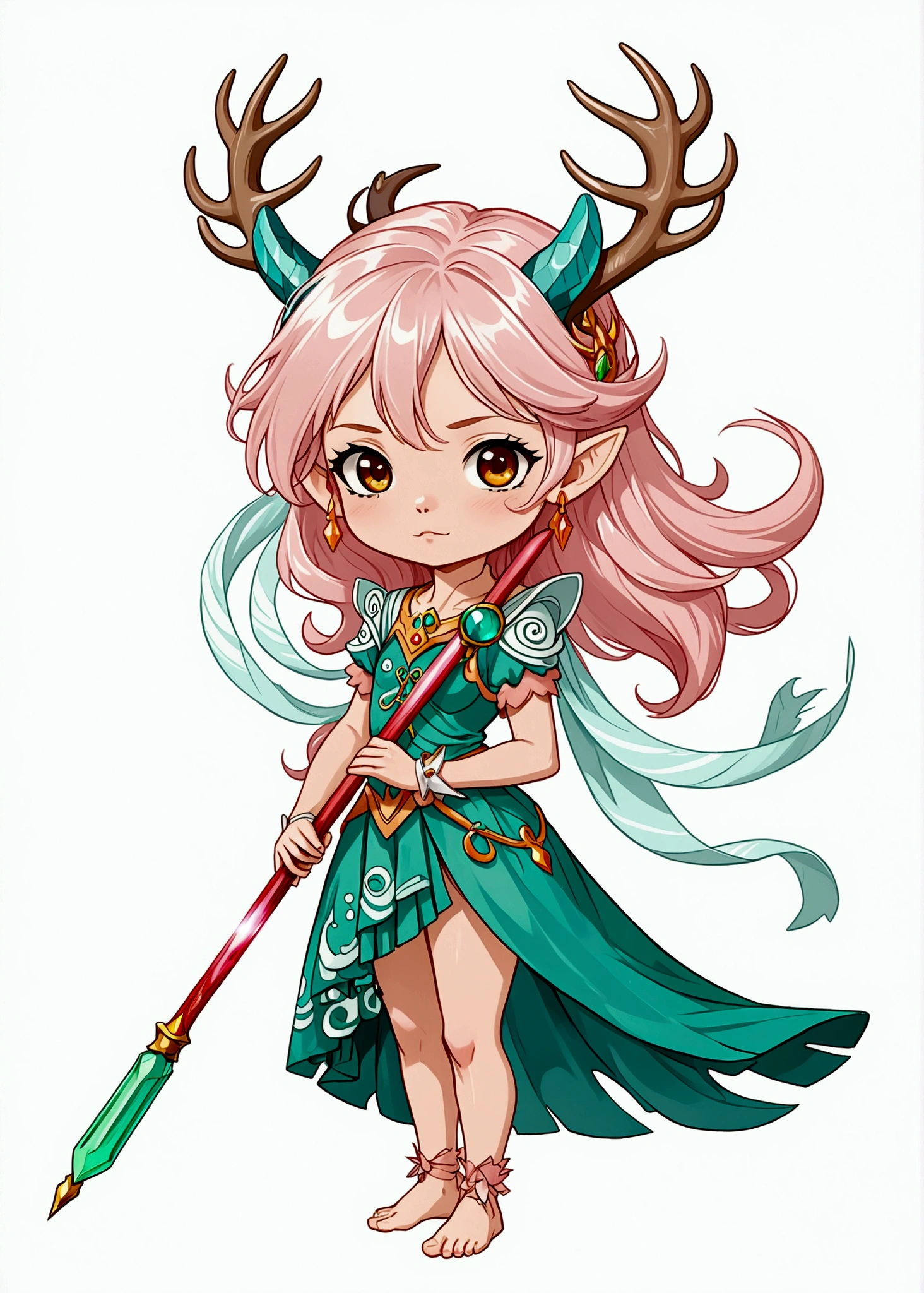 Cartoon anime style,beautiful girl,Fluffy pink hair,antlers,Elf ears,orangeskirt,Scepter,Standing barefoot,Foot ring。(((Correct human anatomy)))