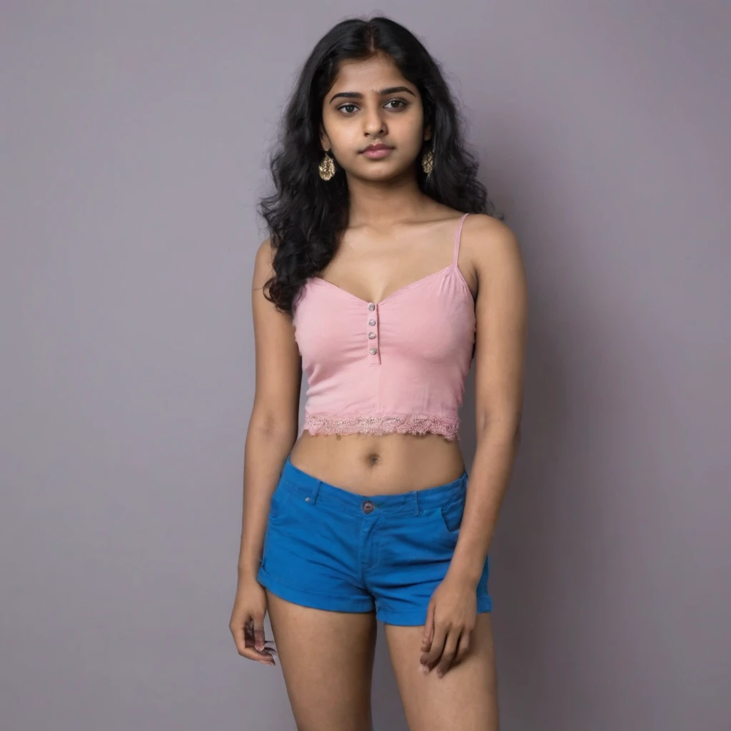Full body shot of a 18 year old medium size Indian girl in pink shorts and blue top, cleavage visible.