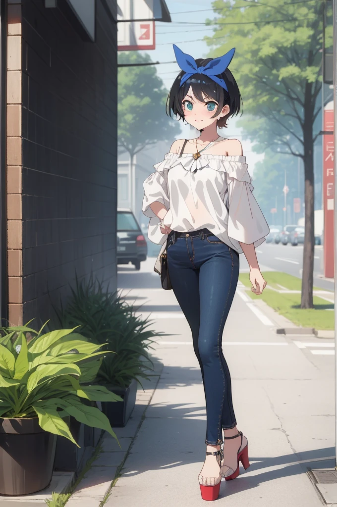 ruka sarashina,nature,blue hair bow BREAK Standing tall pose,bell-bottom jeans, off-the-shoulder blouse, platform heels,(skinny:1.2),(light smile:0.7),, ,