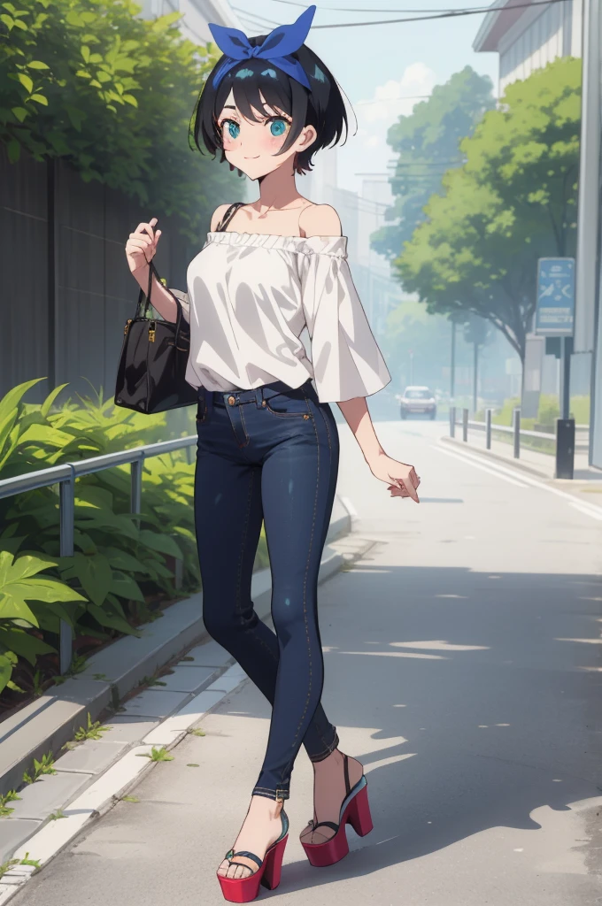 ruka sarashina,nature,blue hair bow BREAK Standing tall pose,bell-bottom jeans, off-the-shoulder blouse, platform heels,(skinny:1.2),(light smile:0.7),, ,