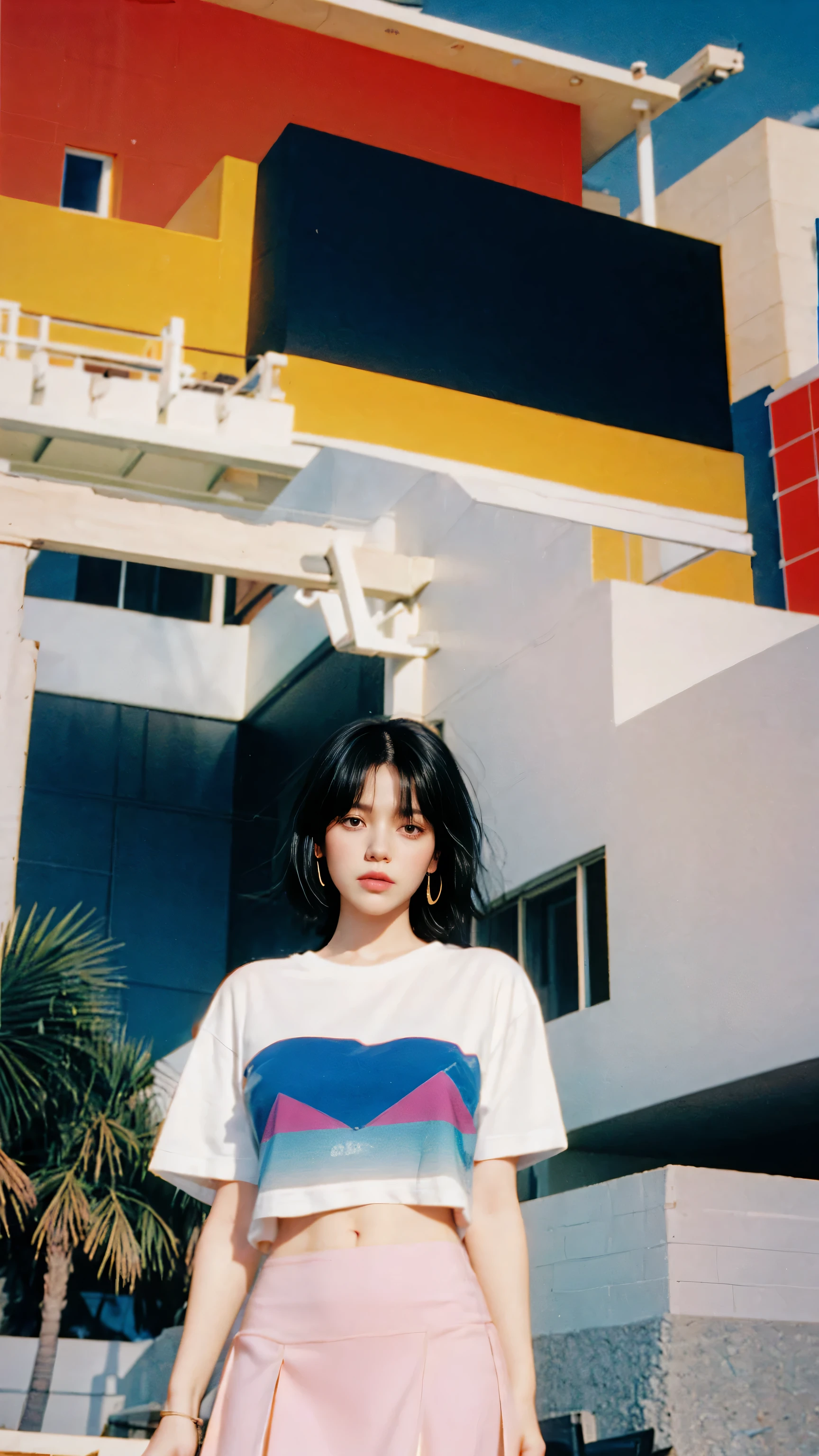 1 girl, beautiful, black bob hair, almond eye, no makeup, white tshirt, ((oversize_tshirt)), peach tennis skirt in front of ((80's mondrian architecture colorful motel)),(from below:1.2), (realistic:1.1), (surreal:1.2), (very detailed:1.1), ((masterpiece)),summer, blue sky, palm trees,sunny, los angles vibes