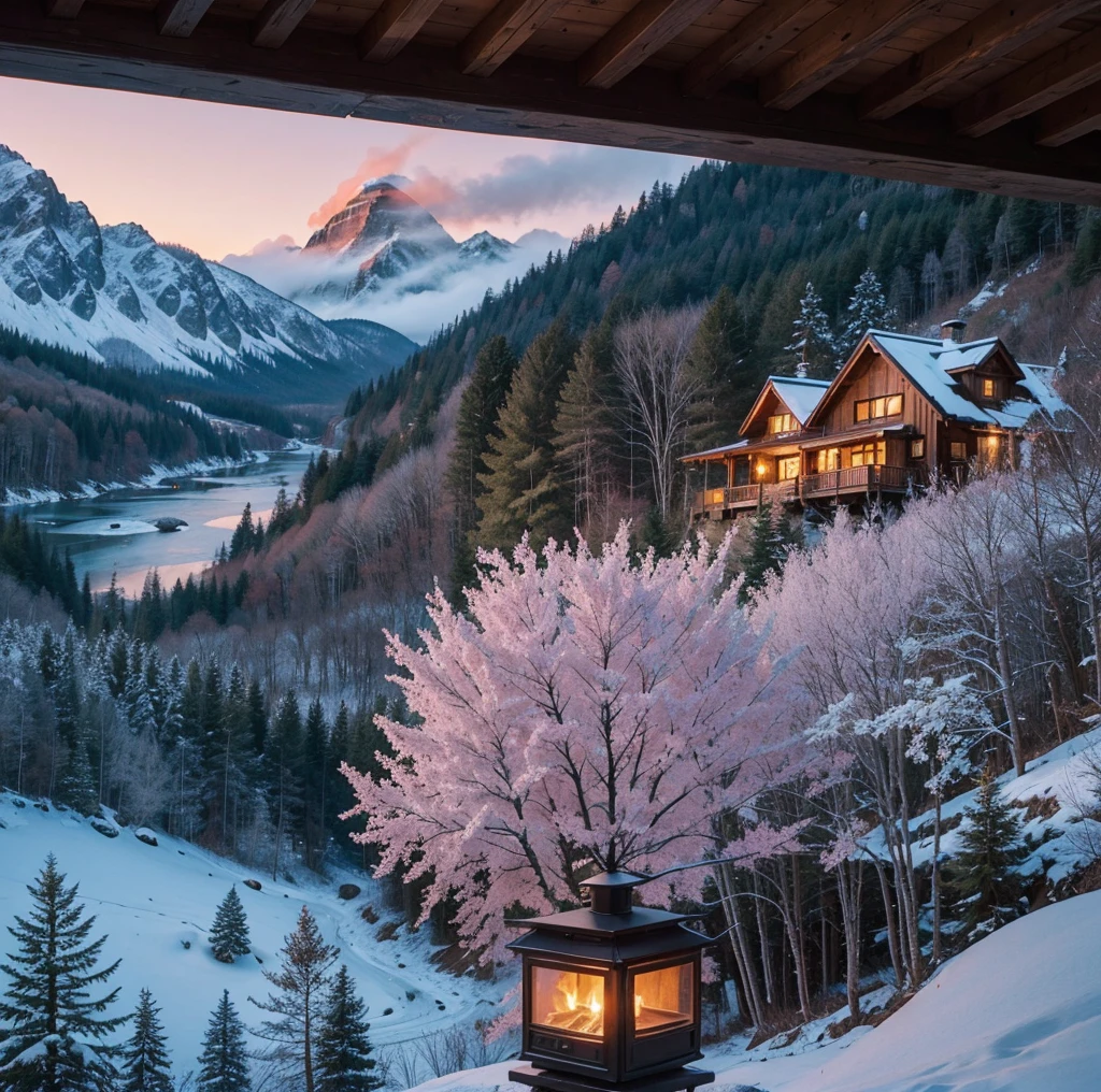 , 8K resolution image of a serene mountain landscape at sunrise. The scene should include lush, green valleys, crystal-clear rivers winding through the terrain, and towering peaks with snow-capped summits. The sky should be a stunning blend of pink, orange, and purple hues as the first light of dawn breaks over the horizon. In the foreground, add a small, cozy cabin with smoke gently rising from its chimney, nestled among tall pine trees. The overall composition should evoke a sense of peace and natural beauty, with meticulous attention to detail in every element.