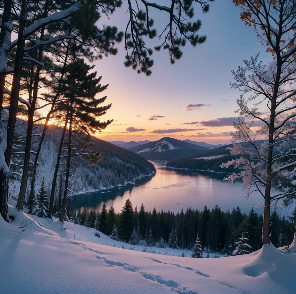 , 8K resolution image of a serene mountain landscape at sunrise. The scene should include lush, green valleys, crystal-clear rivers winding through the terrain, and towering peaks with snow-capped summits. The sky should be a stunning blend of pink, orange, and purple hues as the first light of dawn breaks over the horizon. In the foreground, add a small, cozy cabin with smoke gently rising from its chimney, nestled among tall pine trees. The overall composition should evoke a sense of peace and natural beauty, with meticulous attention to detail in every element.