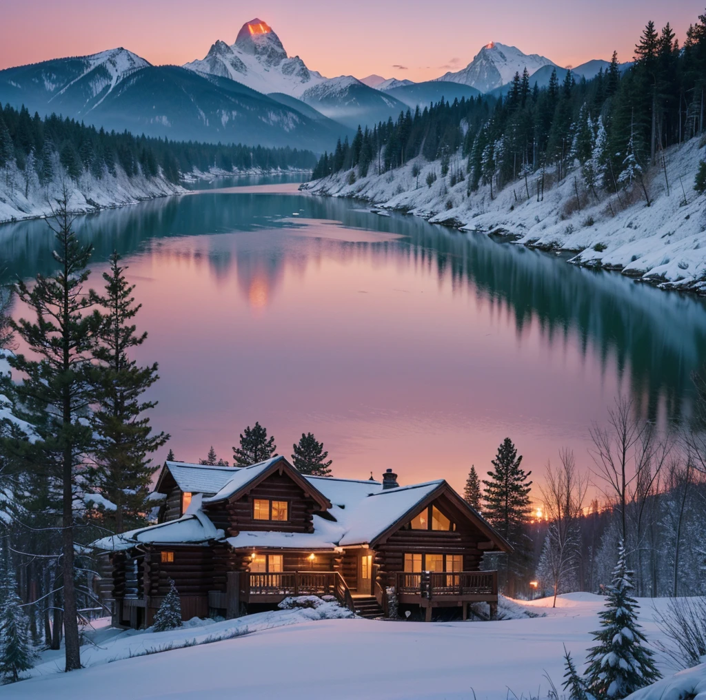 , 8K resolution image of a serene mountain landscape at sunrise. The scene should include lush, green valleys, crystal-clear rivers winding through the terrain, and towering peaks with snow-capped summits. The sky should be a stunning blend of pink, orange, and purple hues as the first light of dawn breaks over the horizon. In the foreground, add a small, cozy cabin with smoke gently rising from its chimney, nestled among tall pine trees. The overall composition should evoke a sense of peace and natural beauty, with meticulous attention to detail in every element.