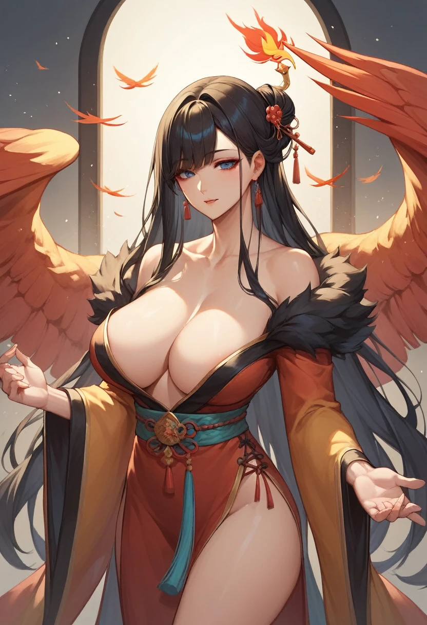 A mature woman,Black long hair,Bangs,Phoenix robe,high quality,Beautifully,masterpiece