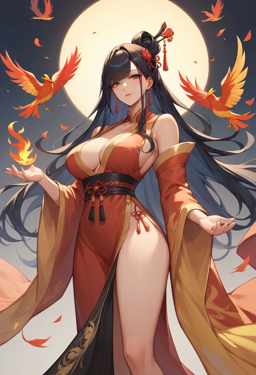 A mature woman，Black long hair，Bangs，Phoenix robe，high quality，Beautifully，masterpiece