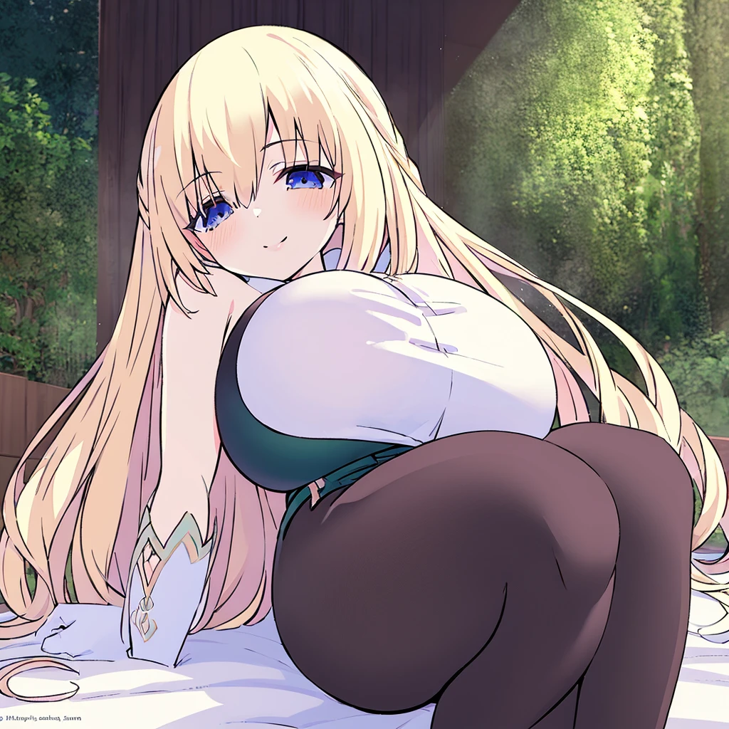 8k, 4k, intricate details, cinematic lighting, stunning environment, ornate, (realistic:1.1), detailed face, detailed eyes, detailed shadows, 1girl, curvy, blonde hair, blue eyes, blush, breasts, huge breasts, long hair, looking at viewer, white pantyhose, green and white dress, smile, solo, (vert_/neptune series/:1.1), very long hair, white gloves, white pantyhose,