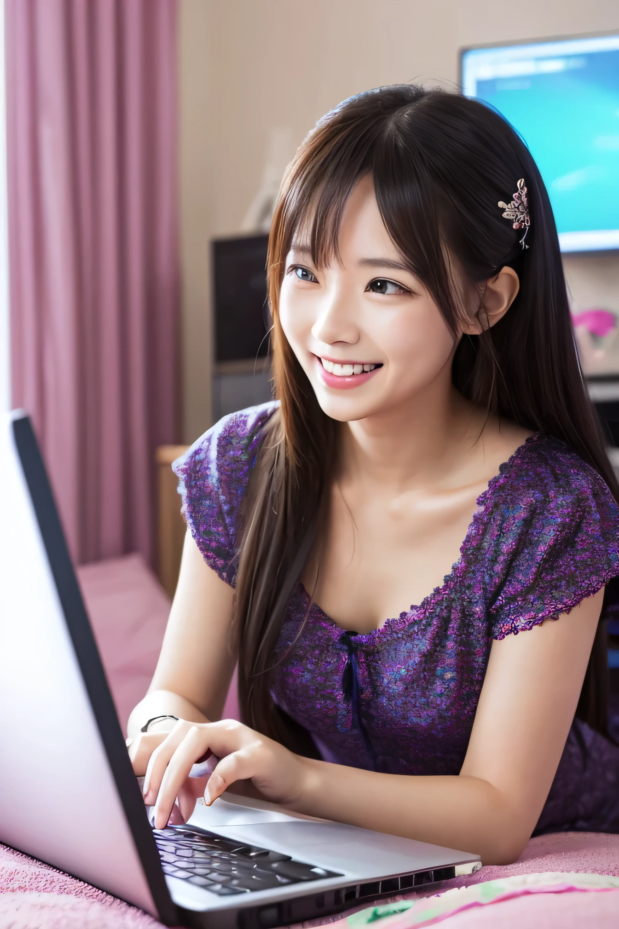 A woman happily talking while looking at a laptop screen in a girly room。