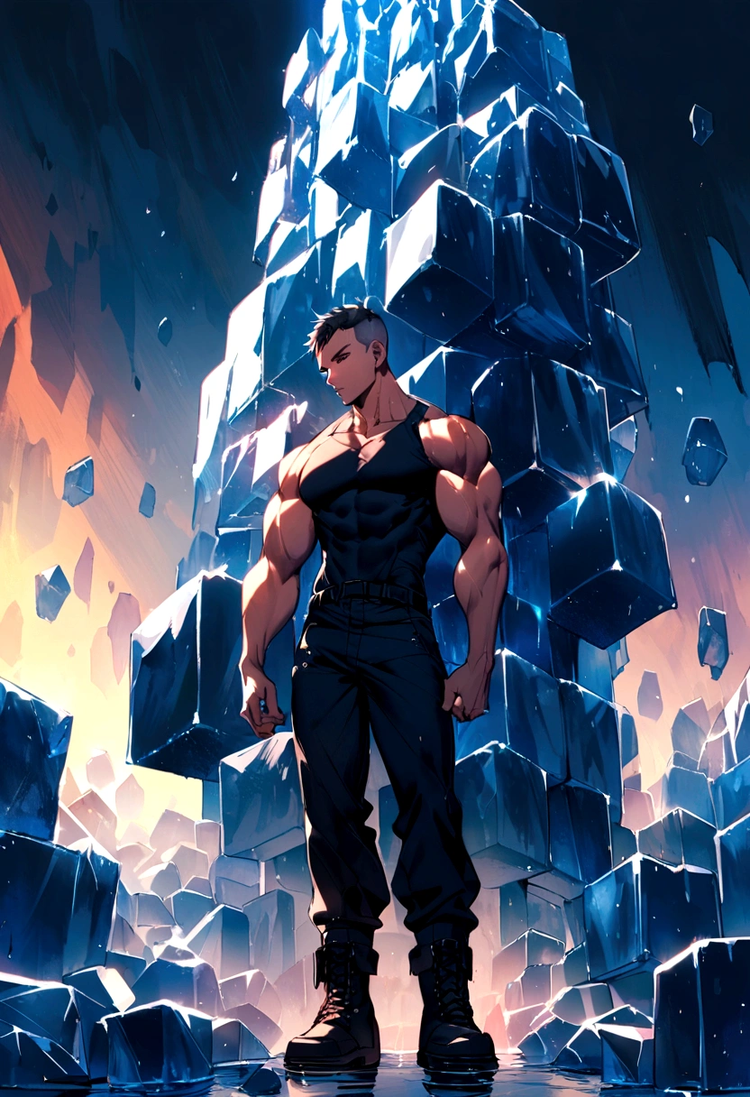 muscular boy, short hair shaved with black sides, tight black tanktop, military pants with military boots, around with giant blocks of ice