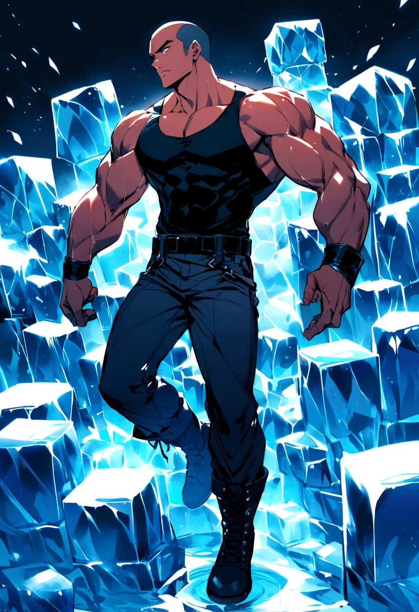 anime, 1 human man only, long black hair, standing, right wooden hand, left ice hand, right fire foot, left skeleton foot