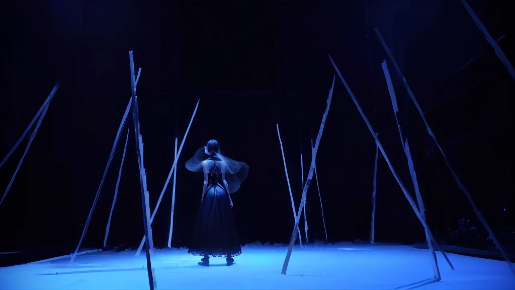 Arav woman in black dress standing in dark room, inspired by Fu Baoshi, An ethereal still painting, The back of the scene design element, Warriors fighting in dark scene, A dramatic scene, Fantasy Stills, Music video screenshot, Inspired by Ásgrímur Jónsson, Video Stills, cure