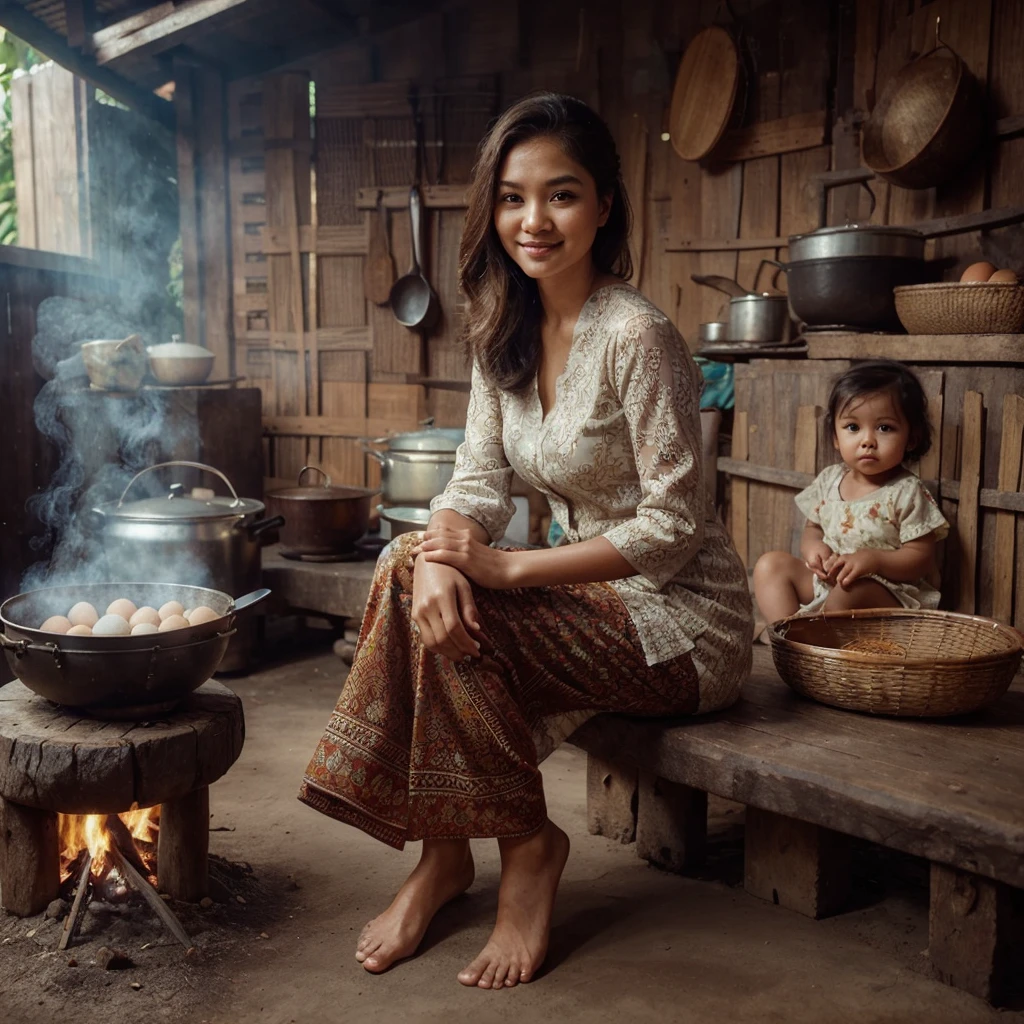 a very beautiful oval face Indonesian woman, 24 years old, ideal body, wearing a kebaya and batik jarik cloth, hair up. sitting on a wooden bench. cooking in the kitchen using firewood there is a clay stove, Boil eggs in boiling water. bamboo wall background, and old kitchen utensils. the floor is still dirt. smiling gently and very sweetly. Beside him was a 2 year old girl playing,