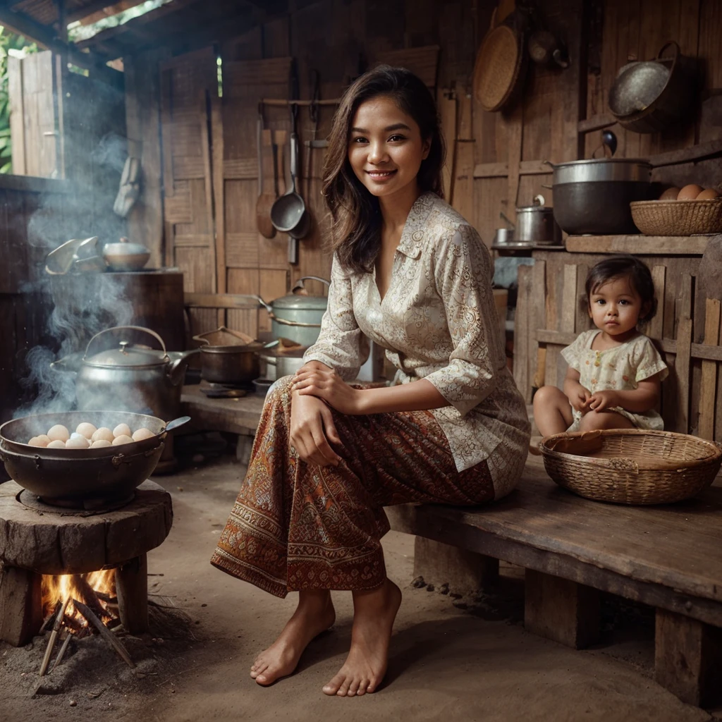 a very beautiful oval face Indonesian woman, 24 years old, ideal body, wearing a kebaya and batik jarik cloth, hair up. sitting on a wooden bench. cooking in the kitchen using firewood there is a clay stove, Boil eggs in boiling water. bamboo wall background, and old kitchen utensils. the floor is still dirt. smiling gently and very sweetly. Beside him was a 2 year old girl playing,