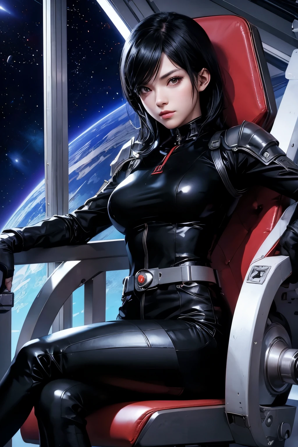 Anime girl wearing black leather clothes sitting on a red chair, Portrait Anime Astronaut Girl, Powerful woman sitting in space, Artgerm JSC, Android Heroine, Cyberpunk girl with jet black hair, Very detailed fan art, Inspired by Shiro Masamune, SF Women, Beautiful female android!, Star Wars Imperial Agents, Portrait of Tifa Lockhart