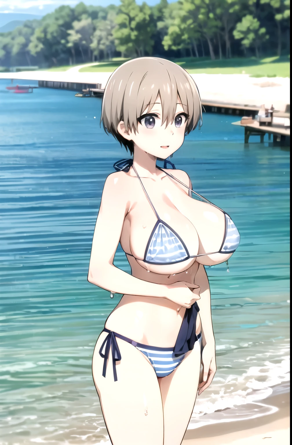 One Girl, Striped micro bikini, young, cute, beautiful girl,, Huge, From face to chest, Wet body, Perfect body, Seaside, Best image quality, Highest quality, Ultra-high resolution, masterpiece,