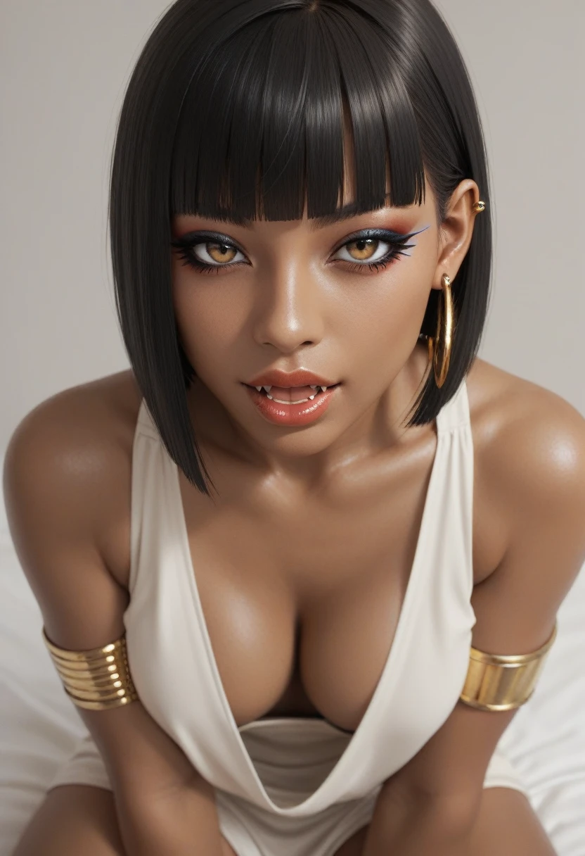 score_9, score_8_up, score_7_up, score_6_up, 1girl, solo, jewelry, rating: safe, brown_eyes, black_hair, lips, makeup, armlet, breasts, egyptian, egyptian_clothes, dark_skin, nose, earrings, gold, lipstick, cleavage, realistic, looking_at_viewer, medium_breasts, open_mouth, piercing, gyaru, blunt_bangs, bangs, bob_cut, vampire, fangs, from_above, downblouse
