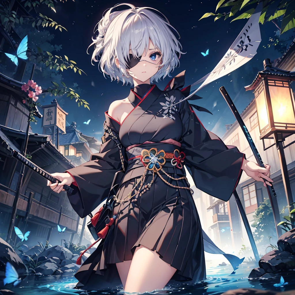 (((1 person Put on an eye patch Gray Hair))) ((High resolution short hair Black kimono Shoulder Rin々Funny face knifeを胸の前で構える)) ((Black Band samurai Lonely despair blue eyes Close-up)) ((Blue Butterfly night Japanese style old Shining Aura garden water surface Catch the wind)) (dance 日本knife knife Slashing) 月night moonlight star Draw your sword Shining Background Shining Edge
