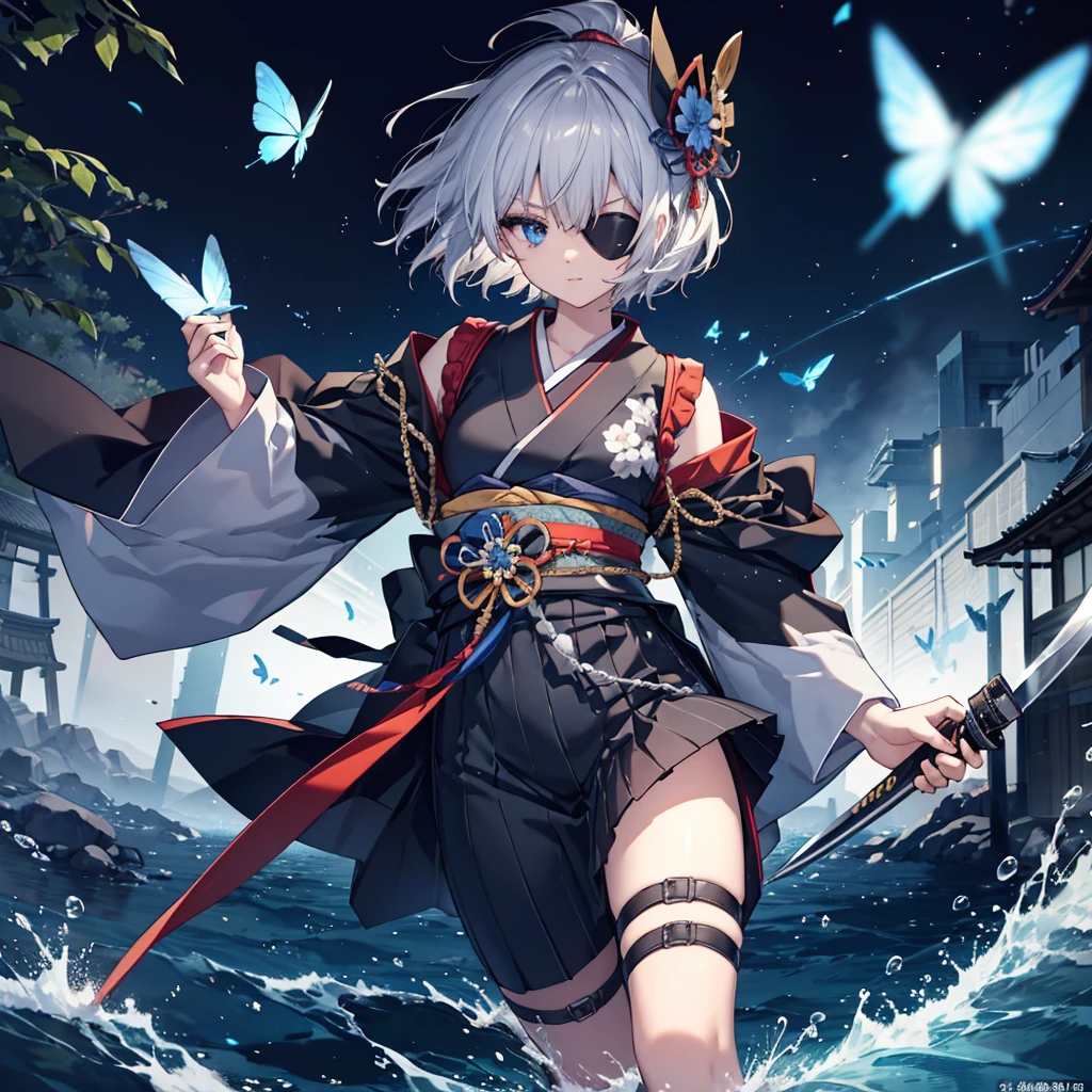 (((1 person　Put on an eye patch　Gray Hair)))　((High resolution　short hair　Black kimono　Shoulder　Rin々Funny face　knifeを胸の前で構える))　((Black Band　samurai　Lonely　despair　blue eyes　Close-up))　((Blue Butterfly　night　Japanese style　old　Shining Aura　garden　water surface　Catch the wind))　(dance　日本knife　knife　Slashing)　月night　moonlight　star　Draw your sword　Shining Background　Shining Edge